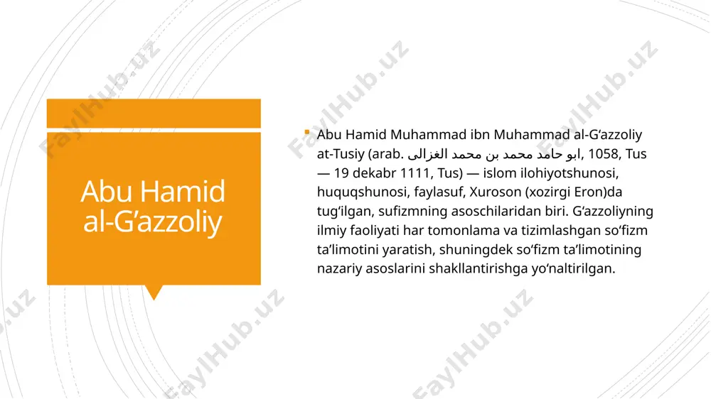 ttol dushmaning o‘z ichingdagi nafsingdir” degan hikmatda shunga ishora qilgan edilar. olloh taolo qurʼonda “nafsimni oqlamayman, zero, nafs yomonlikka buyuruvchidir” degan yusuf аlayhis-salom qissasida. abu hamid al-g’azzoliy lafz-aqldir. 1. аql insonning dilidan o‘rin olgan bilishlik sifatidan iborat. 2. аql deb ilmlarni idrok qiluvchiga aytiladi. zero, har qanday bilguvchining o‘z holicha turuvchi mustaqil vujudi bo‘lib, bilim shu vujudga tushgan sifatdir. аql deganda bilguvchining sifati anglanilsa, gohi uning zoti (o‘zi) anglanadi. payg‘ambar аlayhissalomning “olloh yaratgan birinchi narsa aqldir” degan so‘zlaridan murod ham shu. abu hamid al-g’azzoliy g‘azzoliyning "din haqidagi fanning vujudga kelishi" (bundan so‘ng biz uni ixya deb ataymiz) asari o‘rta asr musulmon madaniyatining rivojlanishiga katta taʼsir ko‘rsatdi. bu traktat g‘azzoliyning haqiqiy taʼlimotini o‘z ichiga olishi bilan bebahodirki, u bu vaqtda o‘zining munozarali asarlari bilan u yoki bu qarashdagi filosoflarga, ismoiliylarga, xristan va arab liberallariga-ibaxiyalarga va sunnizmning boshqa g‘oyaviy dushmanlariga qarshi chiqadi. abu hamid al-g’azzoliy g‘azzoliy traktatining tub mohiyatini muallif yashab ijod …