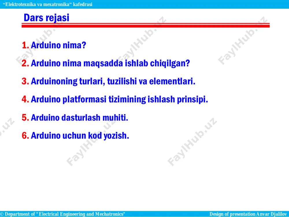 of presentation anvar djalilov “elektrotexnika va mexatronika” kafedrasi arduino nima? arduino texnik va dasturiy qismni birlashtirib beruvchi qurilma. uning dasturlari oddiy c ++ formatida yozilgan bo’lib, pinlarda kiritish-chiqarishni boshqarish uchun oddiy va tushunarli funktsiyalar bilan to’ldirilgan. arduino ivrea interaction design institute (eng.)da elektronika yoki dasturlash bo’yicha ma’lumotga ega bo’lmagan talabalarning bilimlarini kuchaytirish maqsadida ishlab chiqilgan. shuning uchun hozirda barcha texnika yo’nalishi talabalari uchun ushbu arduino platformasida amaliy darslardagi topshiriqlarni bajarish ancha qulaylik tug’dirmoqda. bugungi kunda arduino platformasi ko’plab turli xil loyihalarda ishlatilmoqda. talabalar, qiziquvchilar, rassomlar va hattoki professional dasturchilar ham arduinoning ochiq manbali platformasidan foydalanadilar. ta’lim sharoitida arduino robototexnika va dasturlash darslari uchun ishlatiladi. bu investorlarga tayyor loyiha qanday bo’lishi mumkinligini ko’rsatishda juda katta yordam beradi. muhandislar undan yangi texnikalarni sinovdan o’tkazish uchun foydalanadilar. e’tibor berganingizdek bu ko’p qirrali mahsulot hisoblanadi. © department of "electrical engineering and mechatronics" design of presentation anvar djalilov “elektrotexnika va mexatronika” kafedrasi arduino nima maqsadda …