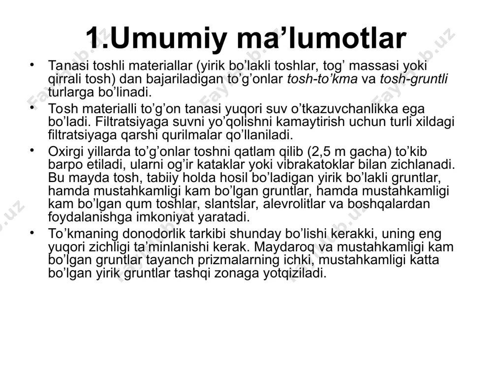 siyali grunt yadroli (diafragmali) va ekranli; 1-qiyalikni mustahkamlash; 2-gruntli ekran; 3-o’tuvchi qatlamlar; 4-gruntli yadro; 5,6-yuqori va pastki prizmalar; 7,8-yuqori va markaziy gruntli filtratsiyaga qarshi prizmalar; 9-portlatib tashlash konturi; 10-hisobiy kontur profili; 11-in’ektsiyali yadro; 12- in’ektsiyali to’siq parda; 13-ponur tosh-gruntli to’g’onlarning ko’ndalang kesimlari: a-ekranli to’g’on; 1-ekran; 2,3,4-o’tuvchi zonaning qatlamlari; 5-to’kilgan tosh; 6- tsementlangan yuza; 7-tsementli to’siq parda; 8-qoyali zamin; 9-qurilish peremichkasi; 10-ekran ustiga to’kilgan grunt; b-yadroli to’g’on; 1-qurilish peremichkasi; 2-qum-graviyli to’kma; 3-o’tish zonalari; 4- sog’ tuproqli yadro; 5-betonli plita va tsementlangan yuza; 6-tsementli to’siq parda; 7-qoya; 8-qiyalikni to’kilgan tosh bilan mustahkamlash yuvma to’g’on turlari: a,b-bir jisnli; v,g-har xil jinsli; 1-mustahkamlangan yuqori qiyalik; 2-drenaj banketi; 3-yadro; 4,5,6-mos ravishda oraliq, yon tomondagi va markaziy mayda qumli zona; 7-qatlamli drenaj. to’g’onni yuvish uchun ishlatiladigan gruntlar guruhi chegaralari. karerlarda gruntni qazish va pulpani yuvish kartalariga uzatish sxemalari: 1-karer;2-zemsnaryad; 3-bosimli pulpa o’tkazuvchi; 4-yuvish kartalari; 5-gidromonitor; 6-novlar; 7-nasos stantsiyasi; 8-vaqtinchalik oraliqdagi grunt uyumi yuvish usullari sxemalari: a-estakadali; …