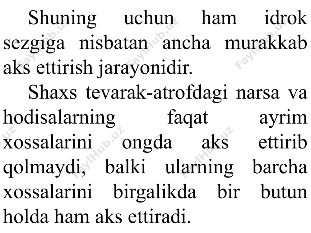 liq sezgilar sifatida namoyon bo’ladi. psixologiya fanida mazkur sezgilar to’la o’rganilmaganligi sababli uni "noma'lum hislar" deb atalgan. bu asosan ichki organlarning xastaliklarida vujudga keluvchi holatlarni diagnostika qilishda alohida ahamiyat kasb etadi. interoreseptiv sezgilarning fiziologik mexanizmlari interosepsiya bilan birgalikda k.m.bikov, v.n.chernigovkiylar tomonidan atroflicha o’rganilgan. ularning fikriga ko’ra, bu narsalarning barchasi shartli reflektor faoliyati mexanizmlaridan kelib chiqadi proprioseptiv sezgilar gavdaning fazodagi holati to’g’risida signallar bilan ta'minlab turadi. ular inson harakatining boshqaruvchisi hisoblanib va afferent asosini tashkil qiladi. proprioreseptorlar harakatning afferent asosi ekanligini a.orbeli tomonidan, hayvonlarda p.k.anoxin, odamlarda esa n.a.bernshteynlar tomonidan o’rganilgan. psixologik ma'lumotlarga ko’ra, gavdaning fazodagi holati, sezgirligi statik sezgilarda o’z ifodasini topadi. uning markazi ichki quloq kanallarida joylashgan bo’lib, ular o’zaro bir-biriga perpendikulyar bo’shliqda tutash holatda yotadi. psixologiya fanida uchta katta guruhga ajratilgan sezgilar (eksteroreseptiv, proprioreseptiv, introreseptiv) o’z navbatida quyidagi turlarga ajratiladi: ko’rish sezgilari; eshitish sezgilari; hid bilish sezgilari; ta'm bilish sezgilari; teri sezgilari; muskul-harakat (kinestetik); statik sezgilar; organik sezgilar; ko’rish …