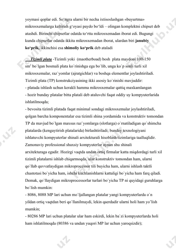 kompyuterlar aynan shu shinali arxitekturaga еgadir. hozirgi vaqtda undan ortiq firmalar katta miqdordagi turli xil tizimli platalarni ishlab chiqarmoqda, ular konstruktiv tomondan ham, ularni qo`llab quvvatlaydigan mikroprocessor tili buyicha ham, ularni ishlash taktli chastotasi bo`yicha ham, ishchi kuchlanishlarni kattaligi bo`yicha ham farq qiladi. demak, qo`llaydigan mikroprocessorlar turlari bo`yicha tp ni quyidagi guruhlarga bo`lish mumkin: - 8086, 8088 mp lari uchun mo`ljallangan platalar yangi kompyuterlarda o`n yildan ortiq vaqtdan beri qo`llanilmaydi, lekin qaerdadir ularni holi ham yo’lish mumkin; - 80286 mp lari uchun platalar ular ham еskirdi, lekin ba`zi kompyuterlarda holi ham ishlatilmoqda (80386 va undan yuqori mp lar uchun yaroqsizdir); - 80386 va 80486 mikroprocessorlari uchun platalar - hozir ham mos shk larda ishlatilmoqda, lekin shuni inobatga olish kerakki, 80386 mp li kompyuterlarda o`rnatilgan tizimli platalar ko`pincha 80486 mp da o`rnatish uchun yaroqsizdir, 80486 mp li kompyuterlarda o`rnatilganlari ko`pincha pentium mp larida o`rnatish uchun yaroqsizdir (mos ravishda o`zgartirishda (up-grate) mp …
