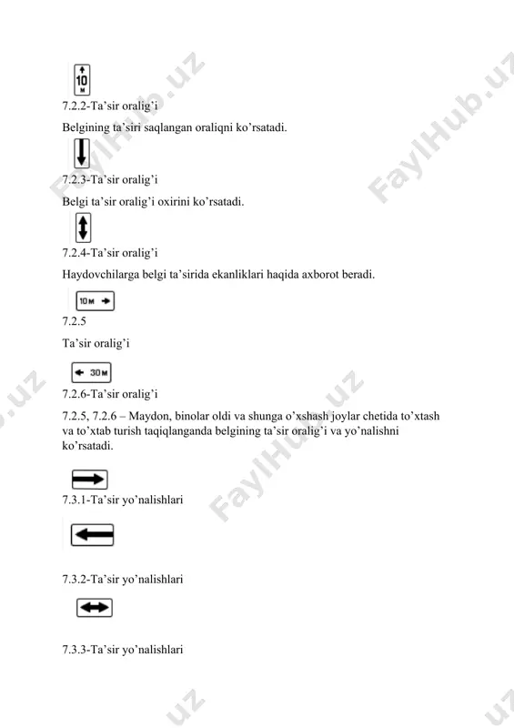’rsatadi. 7.4.1-transport vositasining turi 7.4.2-transport vositasining turi 7.4.3-transport vositasining turi 7.4.4-transport vositasining turi 7.4.5-transport vositasining turi 7.4.6-transport vositasining turi 7.4.7-transport vositasining turi yuqoridagi transport vositasining turi belgilari asosiy belgilar bilan qo’llanilib, asosiy belgining ta’siri qaysi turdagi transportga taaluqli ekanini tasvirda surat orqali ko’rsatadi. engil avtomobil surati tasvirlangan 7.4.3 belgi to’la vazni 3,5 tonnagacha bo’lgan yuk avtomobillariga ham taaluqli, yuk avtomobil surati tasvirlangan 7.4.1 belgi to’la vazni 3,5 tonnadan yuqori bo’lgan avtomobillarga tegishli. belgining ta’siri joriy etilgan transport vositalari turini ko’rsatadi. 7.4.1 qo’shimcha belgisining ta’siri yuk tashuvchi, shu jumladan, tirkamali, to’la vazni 3.5 tonnadan ortiq bo’lgan transport vositalariga, 7.4.3 qoshimcha belgisi esa engil avtomobillarga, shuningdek, to’la vazni 3.5 tonnagacha bo’lgan yuk tashuvchi transport vositalariga tatbiq etiladi. 7.5.1-shanba, yakshanba va bayram kunlari 7.5.2-ish kunlari 7.5.3-hafta kunlari belgiga haftaning qaysi kunlari amal qilishi ko’rsatilgan. 7.5.4-amal qilish vaqti belgiga kunning qaysi vaqtida amal qilishni ko’rsatadi. 7.5.5-amal qilish vaqti belgiga haftaning qaysi kuni va qaysi …