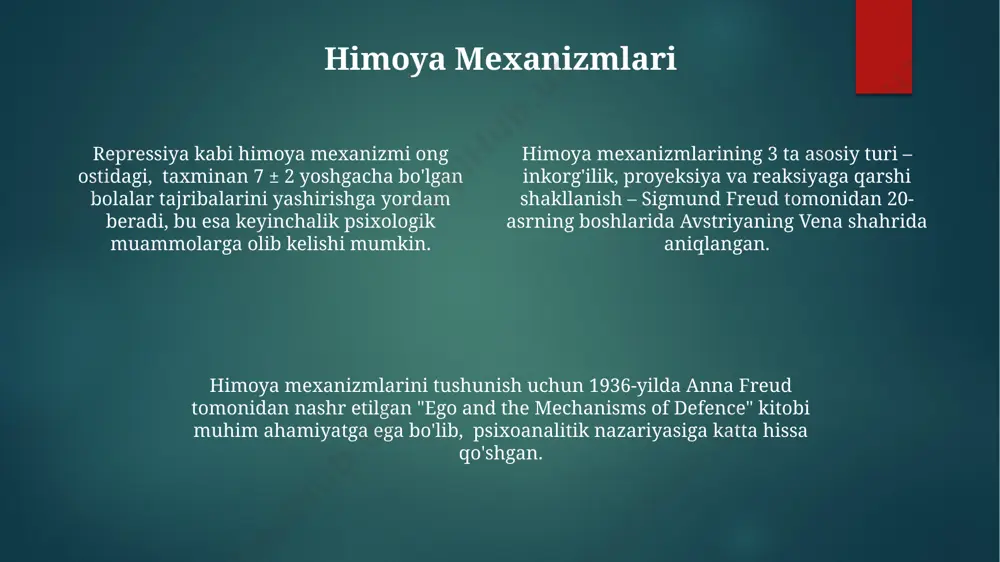 yatning ijtimoiy va madaniy omillar ta'siriga qarab shakllanishini ko'rsatadi. ego psixologiyasi, klasik psixanalizdan farqli o'laroq, bolaning rivojlanishining 3 bosqichini emas, balki shaxsning har bir rivojlanish bosqichidagi moslashuvchanligi va muvozanatini ta'kidlaydi. ego psixologiyasi, anna freydd tomonidan 20-asrning boshlarida vena shahrida ishlab chiqilgan boʻlib, psixoanalitik nazariyaning muhim qismidir va "men"ning himoya mexanizmlarini 10 dan ortiq turini ta'riflaydi. neo-freydchilik va zamonaviy modifikatsiyalar neo-freydchilik, 1920-yillarda vena shahrida paydo bo'lib, freydning asosiy g'oyalarini, masalan, id, ego va superego tushunchalarini saqlab qolgan holda, ijtimoiy va madaniy omillarga ko'proq e'tibor qaratdi. zamonaviy psixodinamik terapiya, freydning asl nazariyasidan farqli o'laroq, 12-16 seanslik qisqa muddatli davolanishni taklif qiladi va hozirgi kun muammolariga ko'proq e'tibor qaratadi, masalan, london kabi yirik shaharlardagi stress bilan bog'liq muammolarga. alfred adler va karen xorni o'z ichiga olgan neo-freydchilik maktablari shaxsning rivojlanishiga 5-10 yosh oralig'ida bo'ladigan ijtimoiy munosabatlarning ta'sirini ta'kidlagan. öz-özini psixologiya oʻz-oʻzini psixologiyasining asosiy tushunchalaridan biri, 3 yoshgacha bolaning hayotining dastlabki tajribalari uning keyingi …