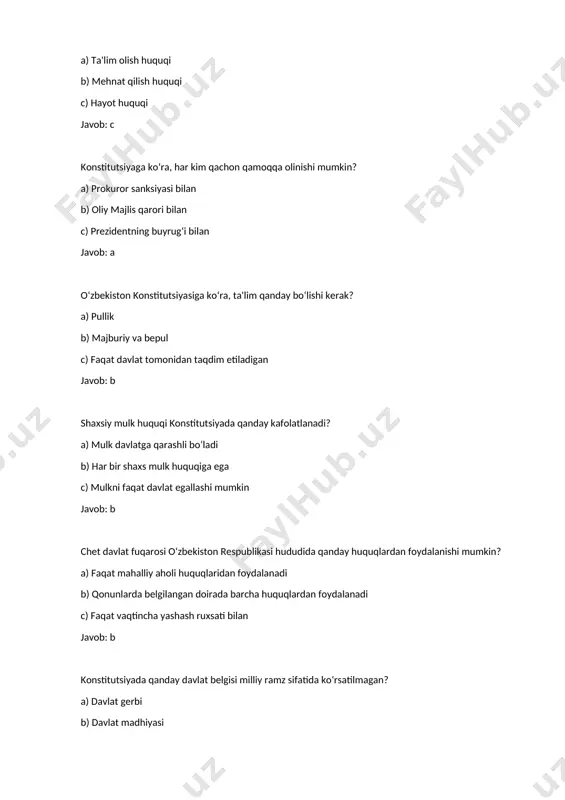 da c) 64-modda javob: b o‘zbekiston respublikasi konstitutsiyasida davlat dini haqida nima deyilgan? a) islom dini davlat dini sifatida tan olingan b) hech qanday din davlat dini sifatida tan olinmaydi c) din davlat ishlari bilan bog‘liq bo‘lishi mumkin javob: b davlat tili haqida konstitutsiyada nima deyilgan? a) har bir hududda o‘z tili davlat tili bo‘ladi b) faqat o‘zbek tili davlat tili deb tan olingan c) har bir fuqaro o‘z tilida gaplashishga haqli javob: b o‘zbekistonning qaysi shiori konstitutsiyada aks etgan? a) vatan tinchligi – farovonlik asosi b) o‘zbekiston – yagona vatanimiz c) davlat – xalq xizmatida javob: b konstitutsiyaga muvofiq, davlat ramzlari qaysi qoidalarga muvofiq o‘zgartirilishi mumkin? a) prezident farmoni bilan b) referendum orqali c) oliy majlis qarori bilan javob: c ta’lim olish huquqi bo’yicha testlar 1. konstitutsiyaga ko‘ra, o‘zbekiston respublikasida ta’lim olish qanday xarakterga ega? a) faqat pullik b) faqat xususiy tartibda c) majburiy va bepul javob: c 2. …