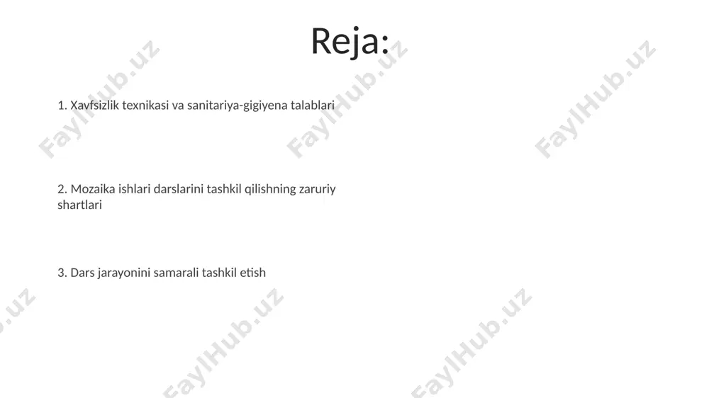 entlari va samarqand shahri tarixidan namunalarni qo'llash kerak. mosaika ishlari darslarini tashkil etishga qo'yiladigan talablar mosaika ishlari darslarini samarali o'tkazish uchun 15-20 nafar o'quvchidan iborat kichik guruhlarda mashg'ulotlarni tashkil etish, har bir o'quvchiga 2-3 dona turli xil rangdagi mozaika elementlarini taqdim etish va samarqanddagi hunarmandchilik markazlariga ekskursiya tashkil qilish tavsiya etiladi. dars jarayonida xavfsizlik qoidalariga rioya qilish juda muhim: 1-sinf o'quvchilari uchun 5 mm dan katta bo'lmagan, 5-sinf o'quvchilari uchun esa 10 mm gacha bo'lgan mozaika elementlaridan foydalanish kerak, shuningdek, kesuvchi vositalardan foydalanishda ehtiyotkorlikni ta'minlash lozim. kerakli materiallar va vositalarni ta'minlash kerakli rangdagi 20 dan ortiq shisha toshlarini, 10 turdagi sirlarni, maxsus elimni va samarqanddan olingan sifatli yog'och taxtachalarini ta'minlash dars samaradorligini oshiradi. mosaik ishlarini bajarish uchun kerakli miqdorda, taxminan 30 dona turli o'lchamdagi pensellar, 5 turdagi qaychi va toshkentdan keltirilgan maxsus kesuvchi vositalar talab etiladi. darsning samaradorligini oshirish usullari o‘quvchilarni turli xil mozaika namunalari (masalan, 10 ta turli uslubdagi …
