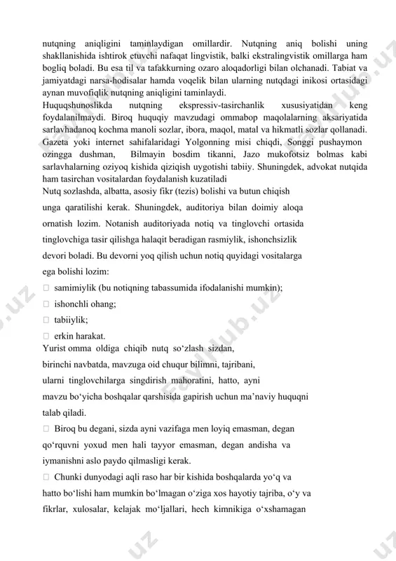 li ibn sinoning �tib qonunlari�, abu rayhon beruniyning �hindiston�, muhammad al-xorazmiyning �kitob al-jabr val-muqobala�, mirzo ulug�bekning �ziji ko�ragoniy�, forobiyning �fozil odamlar shahri� singari ilmiy asarlaridan voqif bo�ldi. turkiston piri ahmad yassaviy, sulaymon boqirg�oniy hikmatlari, lutfiy, atoiy, alisher navoiy, zahiriddin muhammad bobur, mashrab, furqat, cho�lpon-u fitratlarning go�zal baytlari ko�ngil mulkiga aylanishiga ham aynan ana shu yozuv sababdir. yozma yuridik nutqning aniqligi deyilganda, ifodalanayotgan fikrga, voqelikka so�z va terminlarning muvofiq kelishidir. ya�ni shakl bilan mazmun mutlaqo mos bo�lmog�i nutqning aniqligini ta�minlaydigan omillardir. nutqning aniq bo�lishi uning shakllanishida ishtirok etuvchi nafaqat lingvistik, balki ekstralingvistik omillarga ham bog�liq bo�ladi. bu esa til va tafakkurning o�zaro aloqadorligi bilan o�lchanadi. tabiat va jamiyatdagi narsa-hodisalar hamda voqelik bilan ularning nutqdagi in�ikosi o�rtasidagi aynan muvofiqlik nutqning aniqligini ta�minlaydi. huquqshunoslikda nutqning ekspressiv-ta�sirchanlik xususiyatidan keng foydalanilmaydi. biroq huquqiy mavzudagi ommabop maqolalarning aksariyatida sarlavhadanoq ko�chma ma�noli so�zlar, ibora, maqol, matal va hikmatli so�zlar qo�llanadi. gazeta yoki internet sahifalaridagi �yolg�onning misi chiqdi�, …