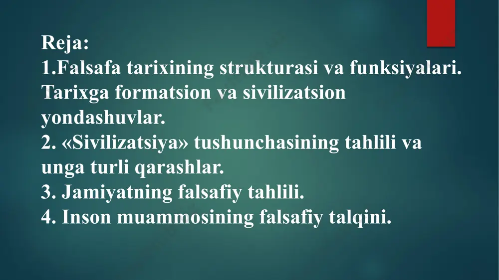 intihosi va uning sotsiologiya bilan almashganini e’lon qildi. ayni shu davrda shpengler, toynbi, p. sorokin va boshqalarning ijodlarida tarix rivojiga davriy yondoshuvning yangi variantlari ham paydo bo‘la boshladi. tarix falsafasining rivojlanishi jarayonida tarixiy bilishga bir qator metodologik yondoshuvlar vujudga keldi. ularning ichida monistik va plyuralistik; chiziqli va davriy; formatsion va sivilizatsion konsepsiyalar kabi dixotomik qarashlarni keltirish mumkin. monistik yondoshuv doirasiga marksistik ta’limot va postindustrial jamiyat nazariyalarini kiritish mumkin. marksistik ta’limot ijtimoiy rivojlanishning ustivor omili, deb ishlab chiqarish usulini tan oladi va shu tamoyil asosida insoniyat tarixi rivojini muqarrar, birining o‘rnini boshqasi egallaydigan besh asosiy formatsiyalar (ibtidoiy jamoa tuzumi, quldorlik, feodalizm, kapitalizm va kommunizm) ga ajratadi. ikkinchi ta’limot – postindustrial jamiyat konsepsiyasi texnikani insoniyat tarixining asosiy omili, deb hisoblaydi va jamiyat tarixini birining o‘rnini keyingisi egallaydigan 3 ta bosqichga bo‘ladi. bular: an’anaviy (sanoatlashgungacha), sanoatlashgan va postsanoatlashgan (informatsion) jamiyatlar. «sivilizatsiya» tushuchasi (lot. civilize – fuqarolarga, davlatga xos) ilk bor xviii asrda evropalik …