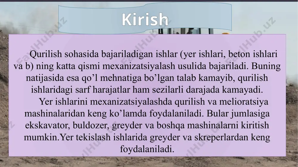 gidravlik boshkaruvli turlarga bulinadi. greyderlarning ish unumdorligi avtogreyderning texnik ish unumdorligi quyidagi formula orqali aniqlanadi: vgh - ag'dargich oldidagi gruntning hajmi, m3 kge - grunt hajmini yo'qotish koeffitsienti (gruntni transport qilish masofasiga bog'liq, avtogreyderlar uchun transport qilish 1000 m); ky - gruntni yumshatish koeffitsienti (ky = 1.2 … 1.3); td - bir davr ish bajarishga sarflangan vaqt; greyderning ish unumdorligi yer inshootining ko’ndalang kesimiga, grunt va uning ћolatiga, traktor va greyder ќuvvatiga, ishlanayotgan uchastka uzunligiga, traktor va mashinist malakasiga, meћnatning to’ѓri tashkil ќilinishiga va ћokazolarga borliќ. bajariladigan ish turiga ќarab greyderning ish unumdorligi m3/soat; m2/soat nfodalanadi. kichik kanallarni ќazish va yer yuzasni o’simlik ќatlamidan tozalashdagi ish unumdorligi ќuyidagicha aniklanadi: pgr = v·n·k v m3 / soat; bu yerda, v = f l - uzunligi l (m) bo’lgan masofaga greyder bilan bir o’tishda ishlov beriladigan grunt ћajmi, m3; p - sir soat davomida greyderni o’tishlar soni f - suriladigan grunt oќimi …