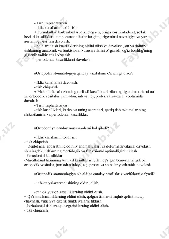 ishlarning anatomik va funktsional xususiyatlarini o'rganish, og'iz bo'shlig'ining gigienik tadbirlarini o'rgatish. - periodontal kasalliklarni davolash. -bo'g'im kasalliklarining oldini olish, qolgan tishlarni saqlash, nutq, chaynash, yutish va estetik funktsiyalarni tiklash. #:davolash-profilaktika stomatologiya muassasalarini loyihalash, jihozlash va foydalanish sanitara qoidalari va normatlari o‘zbekistonning sanpin raqamini ko‘rsating. +sanpin № 0349-17 -sanpin № 024-17 -sanpin № 0349-16 -sanpin № 0-12. -sanpin № 49-17 # stomatologiya muassasalarining gigiena va profilaktika bo'limida qanday asosiy vazifalar bajariladi? - furunkul va karbunkullarni davolash - bolalarda tish kasalliklarining oldini olish va davolash - qo'shma kasalliklarning oldini olish + tish kasalliklarining oldini olish, og'iz bo'shlig'i gigienasini o'rgatish va profilaktika tadbirlarini o'tkazish. #stomatologiya muassasalarining gigiyena va profilaktika bo'limi funksiyalariga qanday vazifalar kirmaydi? + bolalarda tish kasalliklarining oldini olish - furunkul va karbunkullarni davolash - qo'shma kasalliklarning oldini olish - og'iz bo'shlig'i gigienasiga o'rgatish - tish chiqarish #bolalarda tish kasalliklarining oldini olish va davolash qanday vazifalar bilan bog'liq? - og'iz bo'shlig'i gigienasiga …