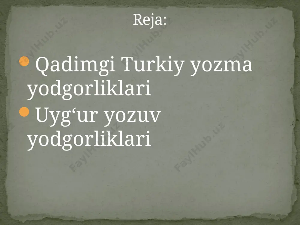 sm. marmar toshga yozilgan. bilga hoqon bitigi-eltarish hoqonning katta o‘g‘li bilga hoqon sharafiga 735 yilda yozilgan. ungin bitigi- eltarish hoqonning yaqinlaridan eletmish yabg‘u sharafiga qo‘yilgan. mo‘g‘ilistonning ungin daryosi bo‘yidan topilgan. moyun chur bitigi- moyun chur sharafiga 759 yilda yozilgan. urxun yozuvi bitigi. yenisey bitigi- tuva va xakasiya xududlaridan 250 tasi topilgan. uni 1720-1727 yillarda d.missershmid tomonidan topilgan. turk xoqonligining hozirgi kunga qadar saqlanib qolgan bitig toshlari kadimgi turkiy yozuvning qog`ozdagi yodgorligi va turkiy tildagi eng kadimgi nasriy asar «folbinlik kitobchasi» bo‘lib, u 13,8-8sm., qariyb 100 saxifadan iborat kichik kitobdir. irq bitigi-ix asrga oid bu yozuv so‘g‘d yozuvi variantlaridan biri bo‘lgan va urxun-yenisey yozuvi bilan parallel qo‘llanib kelgan. xiy-xyi asrlarda mo‘g‘ullar mo‘g‘ul tili xususiyatlarini hisobga olib bu yozuvni isloh qilishgan va mo‘g‘ul tili yozuvini yaratishgan. keyinchalik uyg‘ur va mo‘g‘ul yozuvi asosida manchjur, oyrot, buryat tillari yozuvi vujudga kelgan. uyg‘ur yozuvi. uyg‘ur yozuvidan milodiy vi asrdan xv asrgacha qo‘llanilgan. uyg‘ur yozuvida 18 …