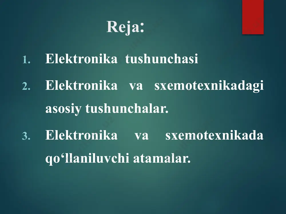 uchta asosiy elementdan iborat: tok manbai, elektr energiyasini qabul qiluvchi iste’molchidan va tutashtiruvchi simlardan_iborat. o‘zgaruvchan qarshilikli oddiy elektr zanjir tok manbai sifatida mexanik energiyani elektr energiyaga aylantiruvchi elektr generatorlar, yoki kimyoviy energiyani elektr energiyaga aylantiruvchi akkumuliyatorlar ishlatiladi. elektr energiyani iste'molchilari sifatida elektr energiyani mexanikaviy energiyaga aylantiruvchi elektrodvigatellar, qizitish lampalari, elektr energiyani issiqlik energiyaga aylantiruvchi elektr pechlar va isitish asboblari, elektr energiyani kimyoviy energiyaga aylantiruvchi metall olish vannalari kiradi. ulash simlari sifatida izolyasiyalangan yoki yalang‘och, ya'ni izolyasiyasiz mis yoki alyumin simlar ishlatiladi. elektr zanjirda asosiy elementlardan tashqari qo‘shimcha vositalar: 1. uzuvchi asboblar, rubil’nik vklyuchatel 2. ximoya asboblari (saqlagichlar, avtomatlar), 3. o’lchov asboblari (ampermert, vol'tmetr, schyotchiklar) ishlatiladi. materiallar elektr tokini o’tkazishi qarab uch guruhga bo’linadi: 1. dielektriklar- bu materiallardan elektr toki o‘tmaydi. havo, gazlar, slyuda, chinni lok shimdirilgan matolar 2. o’tkazgichlar- elektr tokini yahshi o‘tkazadigan moddalar elektr o‘tkazgichlar deyiladi. o‘tkazgichlar jumlasiga metallar, tuz, kislota va ishqor eritmalari, ko‘mir, grafit, mis, alyuminiy, po’lat …