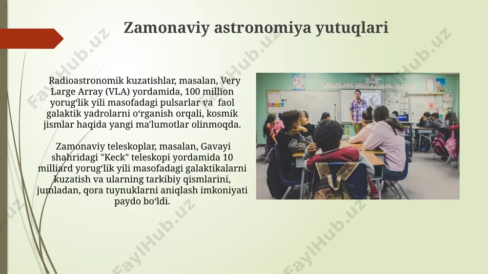 i yulduz turkumlarini, masalan, 88 ta rasmiy yulduz turkumidan biri boʻlgan buyuk ayiq yulduz turkumini, va sayyoralarni, jumladan, yer va marsning 3 oʻlchovli modellari bilan batafsil tasvirlaydi. oʻzbekiston fanlar akademiyasi astronomiya instituti tomonidan yaratilgan plakatlar quyosh sistemasining 9 ta sayyorasini va ularning oʻlchamlarini taqqoslashni oʻz ichiga oladi, shuningdek, 10 dan ortiq kosmik hodisalarni aks ettiradi. mashhur astronomlar haqida ma'lumot 15-asrda yaşamış samarqandlik mashhur astronom va matematik ulug'bek, o'zining "ziji-sultoniy" asari bilan mashhur bo'lib, unda 1018 yulduzning koordinatalari aniq ko'rsatilgan. galileo galilei (1564-1642), italiyalik astronom va fizik, teleskop yordamida oy yuzasini, yupiterning to'rtta yirik yo'ldoshini va boshqa ko'plab astronomik hodisalarni kuzatgan. astronomiya bo'yicha onlayn resurslar "stellarium" va "celestia" kabi 3d astronomiya dasturlari yordamida yerning har qanday nuqtasidan 88 ta yulduz turkumini, sayyoralarni va boshqa osmon jismlarini o'rganish mumkin. google sky va worldwide telescope kabi onlayn xizmatlari orqali 10 millionlab yulduzlar va galaktikalarning yuqori aniqlikdagi rasmlarini, shuningdek, hubble kosmik teleskopining 20 yildan …
