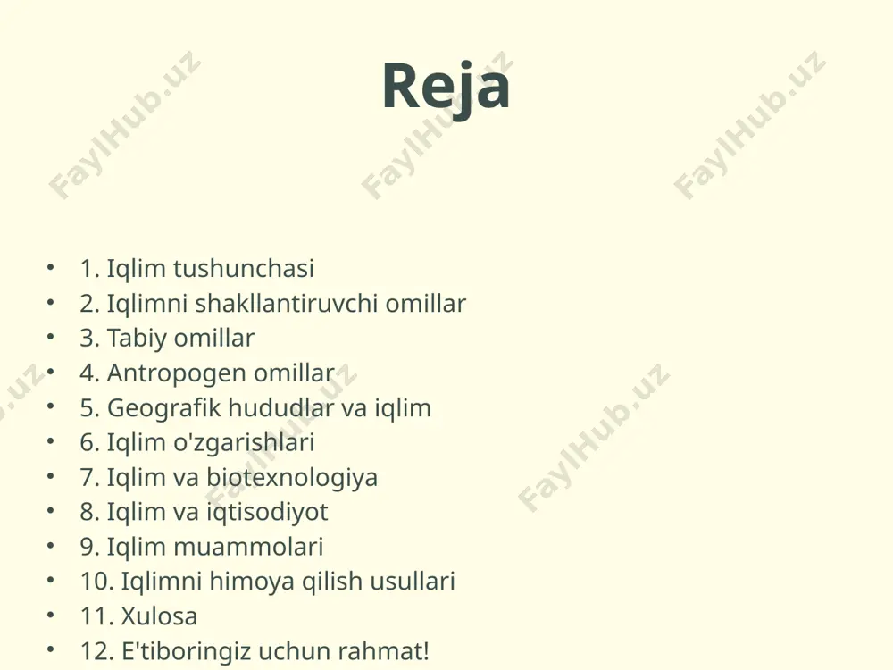 faoliyati va transportda foydalaniladigan yoqilg'ilar kiradi. insonning landshaftlarni o'zgartirishi va tabiiy resurslarni mavjud sharoitlarda maqsadli ishlatishi ham iqlimga ta'sir qiladi. aksariyat mamlakatlar energiya ishlab chiqarish jarayonida ko'plab issiqxona gazlarini chiqarib yuborishi iqlim o'zgarishiga olib keladi. geografik hududlar va iqlim har bir geografik hududning iqlimi o'ziga xos xususiyatlarga ega. masalan, ekvatorga yaqin joylarda iliq va nam iqlim mavjud bo'lib, bu jabhada o'simliklar va hayvonot dunyosining xilma-xilligi yuqori. biroq, qutblarda sovuq, kam yog'inli sharoitlar mavjud. eng past haroratlar mintaqalar iqlimini belgilovchi faktorlardan biridir. ushbu hududlarda joylashgan hayvonot va o'simliklar uyqu rejimiga o'tish va qishki hayot surishlariga moslashadi. iqlim o'zgarishlari iqlim o'zgarishlari tabiiy jarayonlar natijasida yuzaga kelishi mumkin, masalan, muzliklarning erishi, yer haroratining o'zgarishi va havo oqimlarining yo'nalishini o'zgarishi. bizning davrimizda esa antropogen omillar, jumladan issiqxona gazlarining ko'payishi natijasida global iqlim o'zgarishlari sodir bo'lmoqda. bu o'zgarishlar havoning ifloslanishi, iqlim anomaliyalari va tabiiy ofatlarni keltirib chiqaradi. buning oqibatida insonlar binolari va qishloq xo'jaligi tizimlari …