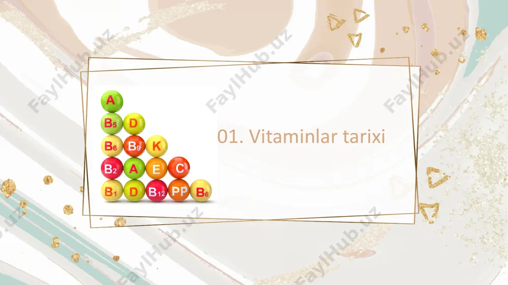 rli birikmalari oksidlanish-qaytarilish reaksiyalarini katalizlovchi flavinli fermentlarda kofermentlik vazifasini bajaradi. uglevod, lipid va 30 yog’lar metabolizmida ishtirok etadi. gemoglobin biosintezida, ko’z gavharining ravshan bo’lishida qatnashadi. b3 vitamini-pantotenat kislota yopishqoq, och sariq rangli yog’simon suyuqlik. pantoten kislotasini 1938 yili uilyams xamirturushdan ajratib olgan va tuzilishini isbotlagan. sintezi 1940 yili amalga oshirilgan. inson organizmida yetarli miqdorda sintezlanadi. b3 vitaminining asosiy biologik funksiyasi koferment-a tarkibiga kirib, oqsil, uglevod va yog’lar metabolizmida, steroid gormonlar biosintezida ishtirok etishdir. b3 gipovitaminoz davrida odamning ishtahasi yoqoladi, ozib ketadi, teri kasalligiga (dermatitga, teri tushishiga) yo’liqadi. yosh organism o’sishdan to’xtaydi. u barcha o’simlik va mikroorganizmlarda (jumladan, ichak florasida) 32 sintezlanadi. odamning unga bo’lgan sutkalik talabi 10-25 mg. o’simlik-larning yashil qismlarida, jigarda, tuxum sarig’ida, shuningdek, sutda pantotenat kislota ko’p bo’ladi. pp vitamin-nikotin kislotasi (pellagra preventing factor), niasin kimyoviy tabiatiga ko’ra nikotin kislota va uning amidi hisoblanadi. nikotin kislotasi(niatsin) va nikotinamid baravar fiziologik faollikka ega, lekin haqiqiy vitamin nikotin kislotasi hisoblanadi. …
