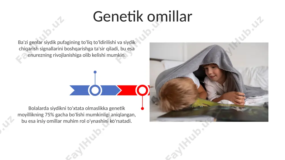 5-10% hollarda bedwettingning sababi hisoblanadi. muntazam tekshiruvlar uyda davolash usullari yotishdan oldin bolani hojatxonaga 2-3 marta olib borish, siydik pufagini bo'shatishga va tungi enurezni kamaytirishga yordam beradi. bolaning kunlik suyuqlik iste'molini kechki soat 6 dan keyin cheklash, siydik chiqarish chastotasini kamaytirishga yordam beradi, bu esa uxlash paytida siydik tuta olmaslik xavfini pasaytiradi. shifokorga qachon murojaat qilish kerak bolangiz 5 yoshdan oshgan bo'lsa-da, siydik tuta olmayotgan bo'lsa va bu holat 3 oydan ko'proq davom etsa, shifokorga murojaat qiling. bu holat orqa miya yoki siydik yo'llari bilan bog'liq muammolarni ko'rsatishi mumkin. kunduzi siyishga tez-tez borish, siydik chiqarishda og'riq yoki yonish hissi, isitma yoki qorin og'rig'i kabi qo'shimcha alomatlar kuzatilsa, darhol shifokorga murojaat qilish kerak. bu siydik yo'li infektsiyasi yoki boshqa jiddiy muammolarni ko'rsatishi mumkin. uyqu buzilishlari bolalardagi enurezning genetik omili muhim rol o'ynaydi va ota-onalaridan birida yoki ikkalasida ham enurez bo'lgan bolalarda uning xavfi 40% ga ortadi. uyqu buzilishlari, jumladan enurez (tuxumsiz …