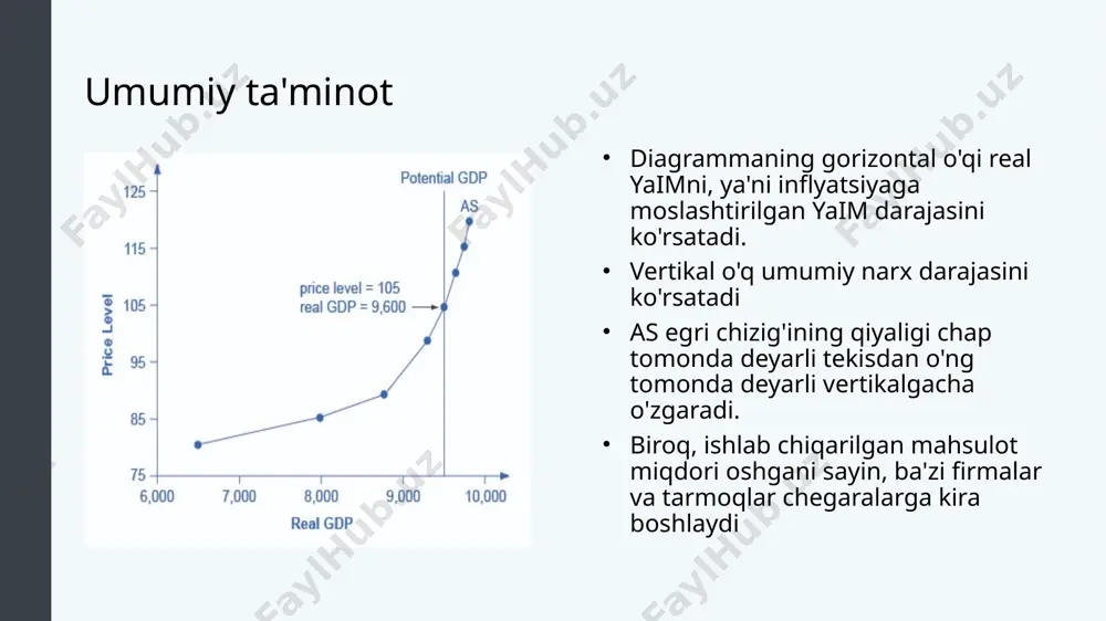 tekis oralig'ida sodir bo'lsa, u holda iqtisodiyot potentsial yaimga yaqin emas va ishsizlikni boshdan kechiradi, lekin barqaror narx darajasi. agar muvozanat as ning keskin oralig'ida sodir bo'lsa, u holda iqtisodiyot yaqin yoki potentsial yaim darajasida bo'ladi va narxlarning o'sishi yoki inflyatsiya bosimini boshdan kechiradi, lekin past ishsizlik darajasiga ega bo'ladi. yalpi talab va yalpi taklif modelini yaratish. muallif : openstax kolleji. joylashgan : https://cnx.org/contents/qghimgmo@11.12:qpyfpwfb@10/building-a-model-of-aggregate- . litsenziya : cc by: attribution . litsenziya shartlari : http://cnx.org /contents/4061c832-098e-4b3c-a1d9-7eb593a2cb31@11.11 saytidan bepul yuklab oling 11 as-ad modelini tekshirish quyidagi jadvalni hisobga olsak, muvozanat narx darajasi va real yaim qanday? 115; 9.0 100; 13.0 90; 1.2 joriy narx darajasi real yaim - trillion uchun talab miqdori haqiqiy yaim - trillion uchun taqdim etilgan miqdor 115 17.0 8.0 110 15.0 10.0 100 13.0 13.0 90 10.0 11.2 javob b. 100; 13,0* yalpi taklif va yalpi talab egri chiziqlarining kesishishi real yaimning muvozanat darajasini va iqtisodiyotdagi muvozanat …