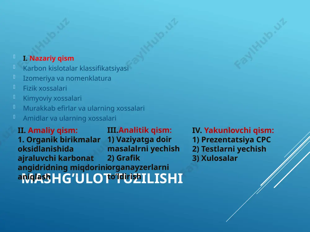 alifatik karbon kislotalarning galogenlanishi. murakkab efirlarning hosil bo’lishi karbon kislotalar va spirtlarning o’zaro kislotali muhitda o’zaro ta’siridan murakkab efirlar hosil bo’ladi, ushbu reaksiya eterifikatsiya reaksiyasi deyiladi. galogenangidridlarning hosil bo’lishi: karbon kislotalarning funksional hosilalari. z tipi proizvodnix z tipi proizvodnix ─ or' slojnie efiri ─ nh2, ─ nhr, ─ nr2 amidi ─ ooh peroksikisloti ─ nhoh gidroksamovie kisloti ─ oc(o)r angidridi ─ nhnh2 gidrazidi ─ sr' tioefiri ─ nhc(o)nh2 ureidi ─ hal galogenangidridi ─ n3 atsilazidi amidlar . karbon kislotalarning r─ c(o)─ nh2-n r'n, n=0-2 umumiy formulaga ega hosilalari amidlar deyiladi. amidlarda asil qoldiq aminoguruh bilan birikkan, n-amidlar aralashmasida esa bir atom vodorod alkil yoki aril radikal bilan almashgan holatda bo’ladi. n,n-amidlar diaralashmasida esa vodorod atomlari 2 ta radikal bilan almashgan bo’ladi. asilirlanish reaksiyasi. nitrat kislotaning parchalanishi. degidratatsiya . qaytarilish . murakkab efirlar. murakkab efirlar deb karbon kislotalarning rc(o)or/ formulaga mos tushadigan birikmalariga aytiladi. past molekular spirtlar va karbon kislotalarning murakkab …