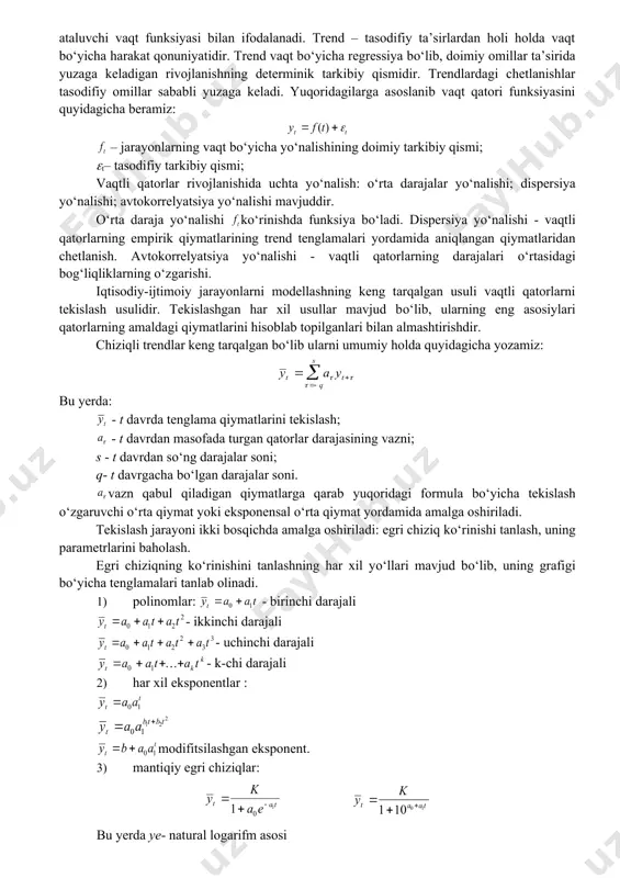 mediana, birinchi va uchunchi kvartil hisoblanadi. prognozlashda ekstrapolyatsiya usuli о‘rganiladigan obyektning rivojlanishiga taalluqli bо‘lgan omillarning doiraviylik, о‘zgarmaslik shartiga asoslangan bо‘lib, obyektning о‘tmishdagi va shuncha asoslanib kelajakdagi rivojlanish qonuniyatlarini о‘rganadi. dinamik qatorlarning о‘zgarish darajalariga qarab ekstrapolyatsiya oddiy va murakkab bо‘lishi mumkin. prognozlashning oddiy ekstrapolyatsiya usuli tenglamalarining absolyut qiymatlari, qatorlarning о‘rta qiymatlari, о‘rtacha absolyut о‘sish va о‘sishning о‘rtacha tezligiga nisbatan о‘zgarmas qiymatlarga ega degan xulosaga asoslangan. prognozning murakkab ekstrapolyatsiya usuli, trendni ifodolovchi statistik formulalarni qо‘llashga asoslangan bо‘lib ikki turga: takomillashgan va analitik turlarga bо‘linadi. prognozning takomillashgan usulida vaqt bо‘yicha ketma-ket keladigan prognoz qiymatlarini avvaldan mavjud bо‘lgan kо‘rsatkichlar asosida hisoblab topiladi. bunga о‘zgaruvchan va eksponensial о‘rta qiymat, garmonik vaznlar avtoregression о‘rta qiymat, garmonik vaznlar avtoregression о‘zgartirish usullari kiradi. analitik usul eng kichik kvadrat usuli yordamida - ning determinik tarkibini aniqlashdan iboratdir. 2. prognozlashda ekstrapolyatsiya usullaridan foydalanish qisqa muddatga prognozlash keng qо‘llaniladigan prognozlash usuli ekstrapolyatsiya usulidir. ekstropolyatsiya usuli prognozlashni odatda bir о‘lchamli vaqtli qatori …