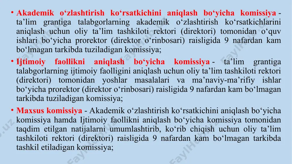 ikdan 80+20=100 gpa qanday hisoblanadi ? gpa 4,2 chiqdi deylik 4,2*16= 67,2 bu akademik faollikdan talabani bali endi ijtimoiy faollikdan to‘plagan bali bilan qo‘shiladi. ijtimoiy faollik ko‘rsatkichi mazkur nizomga 2-ilovaga muvofiq baholash mezoniga asosan hisoblangan natijani “5” soniga bo‘lish orqali aniqlanadi. bakalavriat taʼlim yoʻnalishi (magistratura mutaxassisligi) taʼlim granti toʻliq taʼlim granti – bir o'quv yili uchun berilib, o'qitish xarajatlari davlat byudjetidan to'liq qoplab beriladigan va umumiy tartibdagi stipendiya bilan ta'minlanadigan ta'lim granti; to'liq bo'lmagan ta'lim granti - bir o'quv yili uchun berilib, to'lov-kontrakt summasining 50 foizi davlat byudjetidan qoplab beriladigan va umumiy tartibdagi stipendiya bilan ta'minlanmaydigan ta'lim granti; demak aytaylik ijtimoiy faollikdan talaba 74 ball oldi deylik (74/5=14,8 )ball akademik faollikdan 67,2+14,8= 82 ball ta’lim yo‘nalishiga jami 10 ta ta’lim granti ajratilgan shundan 9 tasi to‘liq, 2 tasi to‘liqsiz jami 11 ta natija quyidagicha hisoblanadi qatnashuvchi talabalarning eng yuqori balldan boshlab kamayib borish ustunligida 9 tasi to‘liq grantga 2 tasi …