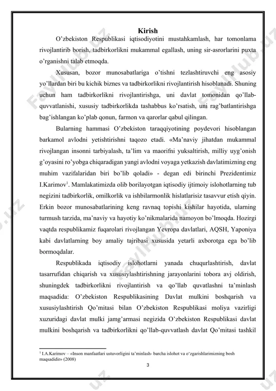 ikasi konstitusiyasi mamlakatimizda amalga oshirilayotgan islohotlarning bosh negizini asoslab beruvchi huquqiy hujjat hisoblanadi. jumladan, uning 53-moddasi bozor munosabatlarini rivojlantirishga qaratilib, o’zbekiston iqtisodiyotining negizini xilma-xil shakllardagi mulk tashkil qilishini, davlat iste’molchilarning huquqi ustunligini hisobga olib, iqtisodiy faoliyat, tadbirkorlik va mehnat qilish erkinligini, barcha mulk shakllarining teng huquqliligini va huquqiy jihatdan bab-baravar muhofaza etilishini kafolatlaydi. 1.tadbirkorlik faoliyatining mohiyati va uning asosiy belgilari tadbirkorlik – (ingl. enterprise) shaxsiy daromad, foyda olishga qaratilgan fuqarolarning mustaqil faoliyati. bu faoliyat o’z nomidan, o’z mulkiy mas’uliyati va yuridik shaxsning yuridik mas’uliyati evaziga amalga oshiriladi. tadbirkor (frn. entrepreneur) qonun tomonidan ta’qiqlanmagan barcha xo’jalik faoliyati, shu jumladan, vositachilik, sotish, sotib olish, maslahat berish, qimmatbaho qog’ozlar bilan ish olib borish bilan shug’ullanishi mumkin. tadbirkorlik faoliyati - bu xo’jalik faoliyatining (ishlab chiqarish yoki savdo) asosiy turidir. bu faoliyat turi jismoniy va yuridik shaxslar tomonidan amalga oshiriladi, o’z nomidan va uning xavf-xatariga doimiy asosda, ular tadbirkorlar dеb aniqlanadi. bu faoliyat davlat xuquqiy …