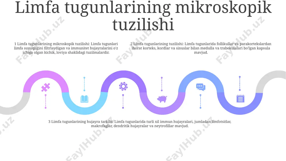 yordam beradi va tanani kasalliklardan himoya qiladi. immunitet hujayralari ishlab chiqarish: limfa tugunlari immunitet hujayralari, shu jumladan limfotsitlar va makrofaglarni ishlab chiqarish uchun juda muhimdir. bu hujayralar chet ellik bosqinchilarni tanib olish va ularga hujum qilishda muhim rol o'ynaydi, immun reaktsiyasini qo'zg'atadi. antigen taqdimoti: limfa tugunlari antigenlarni taqdim etish uchun platforma bo'lib xizmat qiladi, bu erda antijenler (begona moddalar) limfotsitlarga taqdim etiladi. bu immunitet tizimiga patogenlarni aniqlash va o'ziga xos javobni o'rnatish imkonini beradi. limfa tugunlarida immunologik javoblar limfa tugunlari immun qo'riqchi sifatida: limfa tugunlari immunitet tizimining darvozabonlari bo'lib, limfa suyuqligini filtrlaydi va begona zarralar, patogenlar va antijenlarni ushlaydi hujayra tarkibi va immun funktsiyalari: limfa tugunlari immun hujayralarining murakkab majmuasidan iborat. follikulyar dendritik hujayralar antijenlarni b hujayralariga taqdim etib, antikor ishlab chiqarishni rag'batlantiradi. interdigitatsiya qiluvchi dendritik hujayralar antijenlarni ushlaydi va ularni t hujayra zonasiga olib boradi limfa tugunlarining gistologik arxitekturasi: limfa tugunlari o'z vazifalariga qarab alohida zonalarga bo'lingan kapsulalangan tuzilmalardir. …