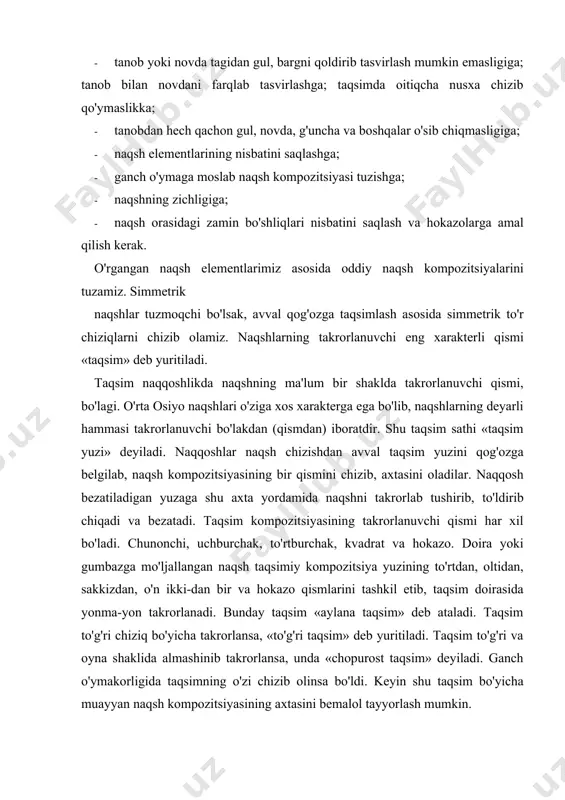 kompozitsiyasining axtasini bemalol tayyorlash mumkin. kompozitsiya chizishni yaxshilab o'rganib olish uchun naqsh kompozitsiyalaridan bir nechta chizib, mashq qilinadi. chizilgan kompozitsiyalarning eng yaxshisi tanlab olinadi. zanjiralardan birini hoshiya tariqasida qo'llash ham mumkin. agar zanjira qilmasangiz chetidan, albatta, ramka qoldiring. ramkasiz naqshni bezalmagan uyga o'xshatish mumkin. tuzilgan naqsh kompozitsiyasini kalka (shaffof) qog'ozga ko'chirib, axta (ulgi) tayyorlanadi. axta — naqsh yoki biror rasmni shaffof qog'ozga chizib, chiziq yo'llarini igna bilan teshib, buyum yuziga tushirish uchun tayyorlangan andaza. xorazmda «ulgi», buxoroda «so'zan» deb yuritiladi. ilk davrlarda ustalar buyum yuziga yoki naqsh chiziladigan sirtga tasvirni to'g'ridan-to'g'ri chizib, o'yib, naqsh ishlay berganlar, keyinchalik axta orqali tasvir tushirish qulayligini bilib, undan foydalana boshlaganlar. naqqoshlar, ganchkorlar, yog'och o'ymakorligi ustalari va boshqalar naqsh kompo-zitsiyalarining andazasini yillar davomida saqlab kelganlar. bu esa xohlagan vaqtda ulardan foydalanish, zarur bo'lsa uni takomillashtirish imkonini berar edi. bu axtalar otadan bolaga meros bo'lib qolardi. ustalar axtani maxsus sandiqlarda saqlab kelganlar. ba'zi axta namunalari davlat …
