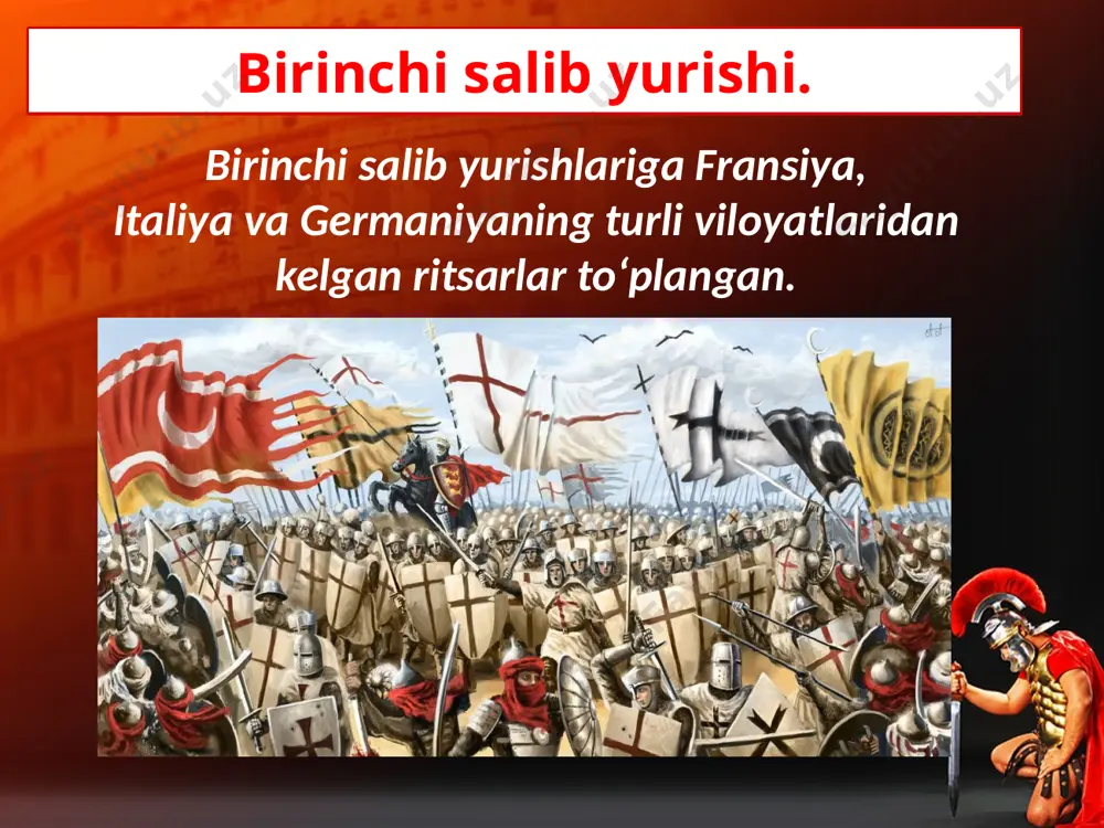 y bu voqea yevropada 3-salib yurishlari (1189–1192) tashkil qilinishiga olib keladi. ammo german imperatori, fransiya qiroli va angliya qiroli ishtirokidagi bu yurishlar ham muvaffaqiyatsiz tugaydi. savol va topshiriqlar 1. nima sababdan vizantiya imperatori aleksey i salibchi-ritsarlardan qasamyod talab qilgan? 2. xaritadan birinchi salib yurishi ishtirokchilari yaqin sharqda asos solgan davlatlarni ko‘rsating. 3. diniy-ritsarlarning ordenlari nima maqsadda tuzilgan? 4. nima sababdan istilo qilingan hududlar aholisi salibchilarga nisbatan dushman kayfiyatida bo‘lgan? 5. uchinchi salib yurishi sabablarini so‘zlab bering. image2.jpg image3.jpeg image4.jpeg image5.emf image6.jpeg image7.jpeg image8.emf image9.emf image10.jpeg image11.emf image12.jpeg image13.jpeg image14.jpeg image15.jpeg image1.jpg