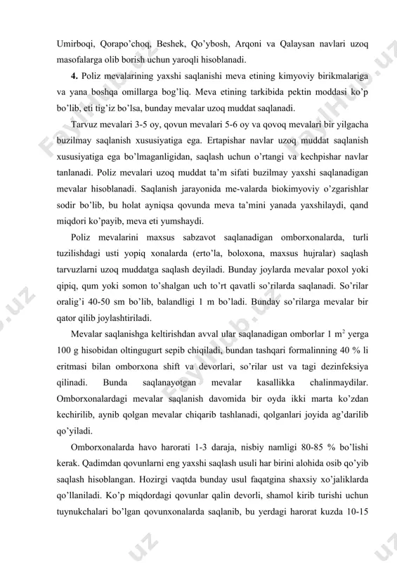 lan omborxona shift va devorlari, so’rilar ust va tagi dezinfeksiya qilinadi. bunda saqlanayotgan mevalar kasallikka chalinmaydilar. omborxonalardagi mevalar saqlanish davomida bir oyda ikki marta ko’zdan kechirilib, aynib qolgan mevalar chiqarib tashlanadi, qolganlari joyida ag’darilib qo’yiladi. omborxonalarda havo harorati 1-3 daraja, nisbiy namligi 80-85 % bo’lishi kerak. qadimdan qovunlarni eng yaxshi saqlash usuli har birini alohida osib qo’yib saqlash hisoblangan. hozirgi vaqtda bunday usul faqatgina shaxsiy xo’jaliklarda qo’llaniladi. ko’p miqdordagi qovunlar qalin devorli, shamol kirib turishi uchun tuynukchalari bo’lgan qovunxonalarda saqlanib, bu yerdagi harorat kuzda 10-15 daraja, qish oylarida esa 4-7 darajani tashkil etishi kerak. so’nggi yillarda qovunlarni qishda saqlash uchun maxsus sovutgichli xonalar qurilmoqda. bu yerlarda qovunlar to’r xaltalarga yoki yashiklarga uncha qalin qilmay joylanadi. harorat 0-2 daraja bo’lib, havo namligi 80-85 % ni tashkil etsa, bunday joylarda qovunlar yaxshi saqlanadi. yuqorida aytilgan qovunxonalar yoki omborlar yo’q bo’lgan taqdirda qovunlarni maxsus xandaqlarda saqlash kerak. bunday xandaqlar qiyalik, nam kam to’planadigan …
