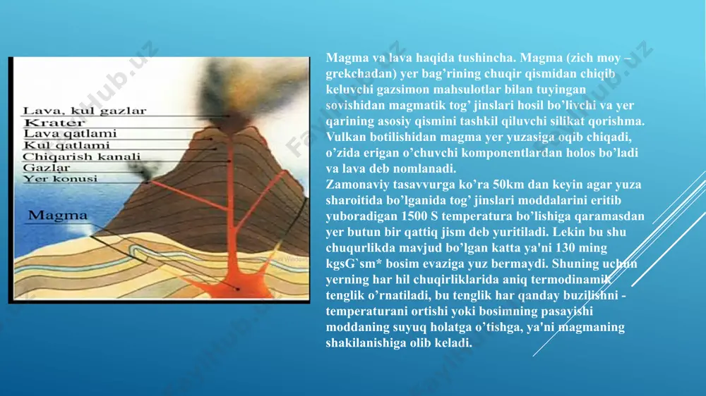 l qiluvchi jarayonlar va chuqur nurashlar natijasida yer yuzasiga chiqib ochilib qoladi. nurash jarayonlarining bunday jinslarga kuchli ta'sir etishi ularning yotish shaklini yoki o’rnini aniqlashga imkon bermaydi. intruziv jinslar yerning ichki qismida qatlamlar orasida turli shakllarni hosil qilishga qarab batolit, shtok, qatlamli, tomir, lakkolit, lopolit, fakolit, dayka kabi turlarga ajratiladi. nordon jinslar magmatik jinslar orasida eng ko’p tarqalgan. ularga granit va uning otkindi hillari liparit, vulkon shishasi va boshqalar kiradi. granit juda mustahkam tog’ jinsi, uning rangi och kul rang, pushti yoki qizil bo’ladi. jins hosil qiluvchi minerallardan dala shpati, kvarts, rangli minerallardan slyuda, amfibol, kam uchraydigan aktsessor minerallar apatit, sfen, tsirkon, pirit, magnetit va boshqalar bor. liparit himiyaviy tarkibiga ko’ra granitga yaqin bo’lsa ham u otkindi jins hisoblanadi. liparitlarning rangi och sariq va och kulrangdir. strukturasi porfili bo’lib, shishasimon massada dala shpati. kvarts, biotit minerallarining zarralari uchraydi. liparitning ko’rinishi shishasimon bo’lib, vulkon shishasiga obsidian va pemza kiradi. pemza zichligi …