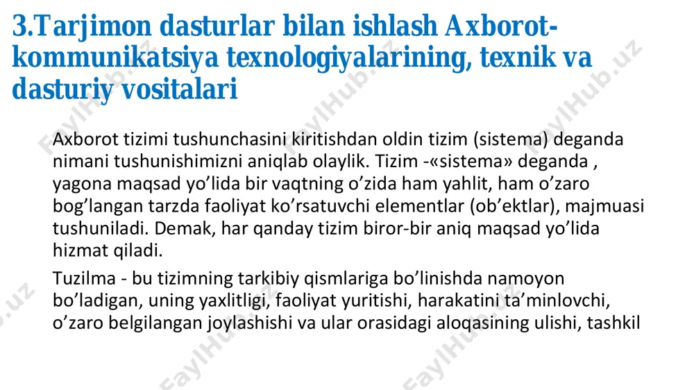 alishini bilib olishimiz lozim. kompyutеrning turli tеxnik qismlari orasidagi o’zaro bog’lanish — bu, apparat intеrfеysi, dasturlar orasidagi o’zaro bog’lanish esa — dasturiy intеrfеys, apparat kismlari va dasturlar orasidagi o’zaro bog’lanish — apparat — dasturiy intеrfеys dеyiladi. kompyuter asosiy va qo’shimcha qurilmalardan tashkil topgan bo’lib, asosiy qurilmalarga quyidagilar kiradi: sistema bloki onalik platasida joylashgan sxemalar monitorlar:kompyuter monitori(monitor) — grafik, matnli ma’lumotlarni ekranga chiqarib berish uchun xizmat qiladigan qurilmadir, ekranga chiqarish monitor displeyi orqali amalga oshiriladi. raqamli signallar (0 va 1) videokarta orqali video signallarga aylantirilib, monitor orqali odamlar tushunadigan ko‘rinishda namoyon bo‘ladi. bundan ko‘rinib turibdiki, monitor mashina va odam orasidagi bog‘lovchidir monitorlar tuzilishiga ko’ra quyidagi 3 turda bo’ladi: 1. crt (cathlode ray tube) monitorlar (elektron nurli trubka) 2. lcd (liquid crystal display) monitorlar (suyuq kristal displayli) 3. plazma kompyuterning dasturiy ta’minoti tizimli dasturiy ta'minot (sistem software) — kompyutеrning va kompyutеr tarmoklarining ishini ta'minlovchi dasturlar majmuasidir. tizimli dasturlar ta'minoti deganda avvalo operatsion …