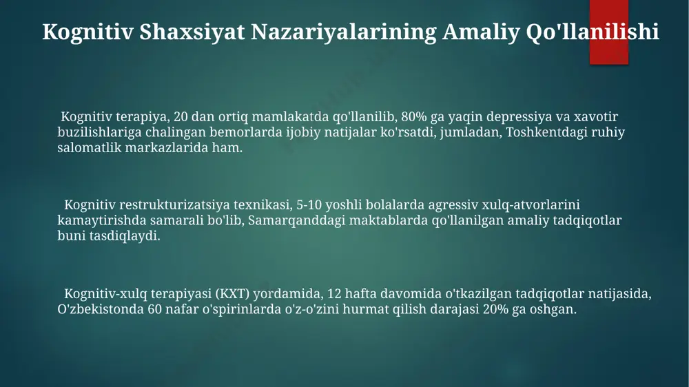dlaydi. kognitiv shaxsiyat nazariyalarining 3 ta asosiy yo'nalishi mavjud: shaxsning shaxsiy konstruktivlari, kognitiv-xulq nazariyasi va aql-idrokning qo'llanilishi bilan bog'liq bo'lgan boshqa nazariyalar, ularning barchasi inson psixologiyasini turlicha tushuntiradi. kognitiv shaxsiyat nazariyalari, 20-asrning o'rtalarida, xususan amerika qo'shma shtatlarida, biheviorizmga muqobil sifatida paydo bo'ldi va inson xulq-atvorini tushunishda kognitiv jarayonlarning ahamiyatini ta'kidlaydi. kognitiv stil kognitiv uslublarni o'rganishda 1950-yillarda amerika psixologlari tomonidan ishlab chiqilgan turli xil testlar, masalan, "kognitiv murakkablik shkalasi" kabi vositalar qo'llaniladi. kognitiv uslublar shaxsning axborotni qayta ishlash uslubi bilan bog'liq bo'lib, 2 dan ortiq o'lchovlarga ega bo'lishi mumkin: masalan, mayda tafsilotlarga e'tibor berish yoki umumiy tasavvurga ega bo'lish. germaniyaning 1970-yillardagi tadqiqotlari kognitiv uslublarning madaniy farqlarga bog'liqligini va turli xil millat vakillarining axborotni qayta ishlash usullarida sezilarli farqlarni ko'rsatdi. o'z-o'zini samimiylik oʻzbekistondagi tadqiqotlar shuni koʻrsatadiki, yuqori oʻz-oʻzini samimiylikka ega boʻlgan 20-30 yoshdagi yoshlar, stressga chidamlilik darajasi yuqori va ijtimoiy moslashuvchanligi yaxshiroq boʻladi. oʻz-oʻzini samimiylik nazariyasi, 1970-yillarda amerika psixologi karl rogers tomonidan …
