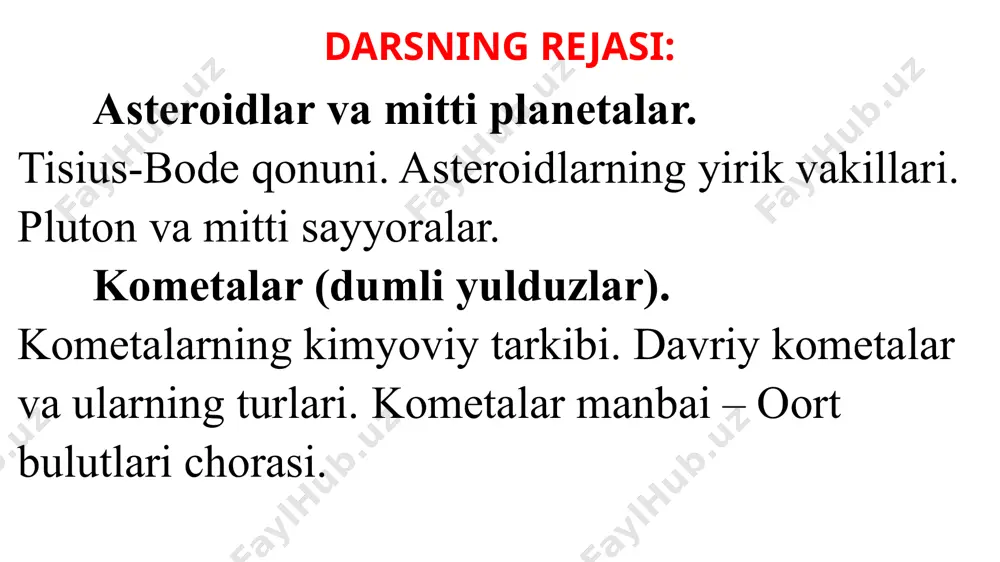 bir osmon jismini topdi. unga serera deb nom qo‘yishdi. shundan so‘ng 1807-yilgacha olimlar tomonidan quyoshdan shunday masofada yana 3 ta – pallada, yunona va vesta nomli mayda planetalar topildi. ularga asteroidlar (yunonchada «yulduzsimon») degan nom berildi. 1890-yilda ularning soni 36 taga yetdi. topilgan mayda planetalar qadimgi rim afsonalarining qahramonlari, xudolarning nomlari bilan yuritiladigan bo‘ldi. so‘ngra ularning soni juda ko‘payib ketgach, 45-sidan boshlab oddiy ayollarning nomi, keyinroq esa asteroidlarga filosofiya, geometriya, yustitsiya kabi fan nomlari hamda geografik nomlar beriladigan bo‘ldi. urush yillarida kitob xalqaro kenglik stansiyasida ishlagan astronom g.neuymin topgan asteroidlardan biriga (1351-sonlisiga) «o‘zbekistoniya» deb nom berildi. asteroidlarning massalari 2,38 · 1019 kg dan (vesta), ya’ni yer massasidan 25 ming marta kichik, to 1012 kg (germes) gacha bo‘lib, o‘rtacha zichligi 2 g/cm3 dan (toshli asteroid) to 7–8 g/cm3 gacha (temir-nikelli asteroid) boradi. 81-rasmda bir guruh asteroidlarning quyosh atrofidagi orbitalarining o‘zaro joylashishlari tasvir langan. asteroidlardan ikar, germes, eros va adonislar yerga davriy …