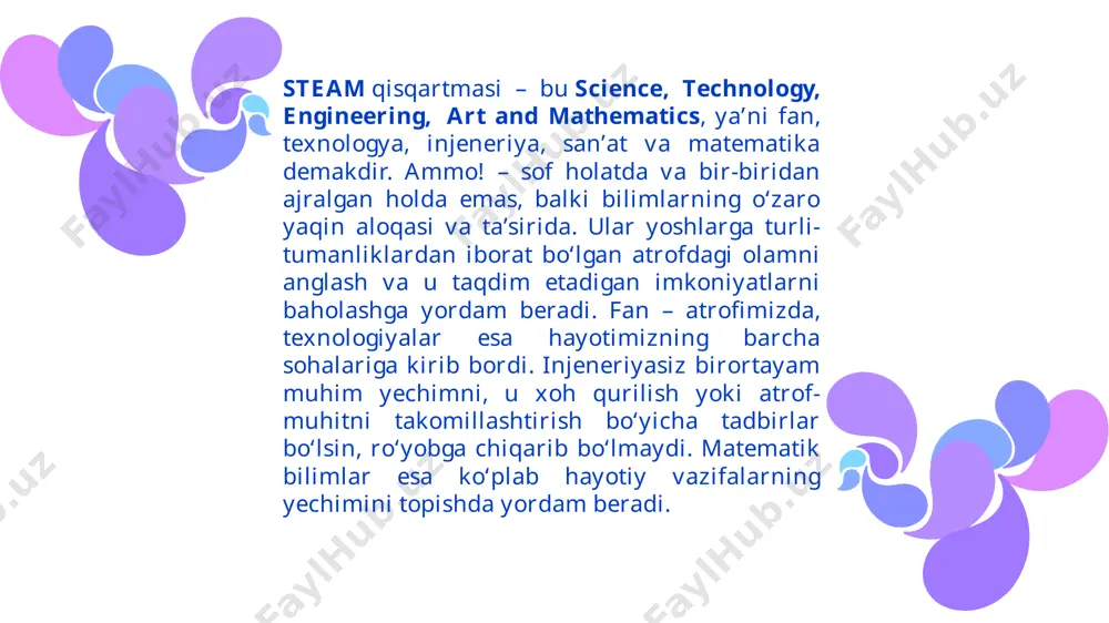 mikrochiplar bilan ishlash – qo’shimcha modul va sensorlar bilan ishlash (rgb, wifi, pir, lcd display, rfid) – mustaqil ravishda turli xildagi arduino proyektlar yasash xulosa xulosa o‘rnida shuni aytish mumkinki, pedagogik texnologiya steam' ta'limida o'zgaruvchan rol o'ynaydi, talabalarga kelajak uchun zarur ko'nikmalarni beradi. texnologiyani pedagogik amaliyotga qo'shib, o'qituvchilar ijodkorlik, tanqidiy fikrlash va hamkorlikni rivojlantiradigan dinamik va qiziqarli o'quv muhitini yaratishi mumkin. texnologiya rivojlanib borar ekan, o'qituvchilar steam ta'limida pedagogik texnologiyaning samarali integratsiyasini ta'minlab, eng yangi vositalar va metodologiyalar bilan yangilanib turishlari kerak. ushbu yutuqlarni qabul qilib, biz keyingi avlodni tez rivojlanayotgan raqamli landshaftda rivojlanish uchun tayyorlashimiz mumkin. foydalanilgan adabiyotlar https://zenodo.org/records/7990699 info@ictschool.uz http://makerspace.uz/ e’tiboringiz uchun rahmat! image3.jpg image1.jpg image9.jpg image12.jpeg image13.jpeg image14.jpeg image11.jpg /docprops/thumbnail.jpeg
