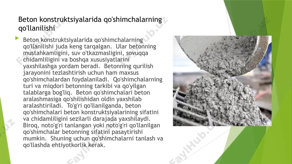 qo'shimchalar konstruktsiyaning xizmat muddatini uzaytiradi va ta'mirlash xarajatlarini kamaytiradi. qo'shimchalardan foydalanish zamonaviy qurilishning ajralmas qismidir. xulosa konstruktsiyalarda qo'shimchalardan foydalanishdan oldin ularning mosligini tekshirish kerak. qo'shimchalarni tanlashda ishlab chiqaruvchining ko'rsatmalariga amal qilish kerak. qo'shimchalarni to'g'ri miqdorda va to'g'ri tartibda qo'llash zarur. qo'shimchalar bilan ishlashda xavfsizlik choralari va himoya vositalaridan foydalanish majburiydir. qo'shimchalarning samaradorligi va iqtisodiy jihatlarini hisobga olish kerak. konstruktsiyaning xizmat muddatini uzaytirish va ta'mirlash xarajatlarini kamaytirish uchun to'g'ri qo'shimchalarni tanlash muhimdir. muhandislarga va qurilishchilarga qo'shimchalar haqida keng bilimga ega bo'lish tavsiya etiladi. tavsiyalar 1. qurilish materiallari va konstruktsiyalari darsligi o`zbekiston respublikasi oliy va o`rta maxsus ta'lim vazirligi tomonidan tasdiqlangan 2. beton texnologiyasi qo'llanmasi, toshkent, 2023 3. temir-beton konstruktsiyalari loyihalash qo'llanmasi, toshkent, 2022 4. qurilish materiallari va konstruktsiyalarining mustahkamligi, toshkent, 2021 5. qo'shimchalar haqidagi ma'lumotlar to'plami, toshkent, 2020 adabiyotlar image1.jpeg image2.jpeg image3.jpeg image4.png image5.png image6.jpeg /docprops/thumbnail.jpeg
