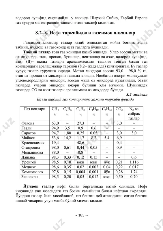 инг юздан бир қисмидан ошмайди. жуда катта газ конлари канада, буюк британия, норвегия, франция, покистон, эрон ва бошқа давлатларда, ниҳоятда катта конлар нидерландияда (гранингел), алжирда (хассириел), эронда (пазенун, поре, канган) жойлашган. қатор катта нефт конлари мексикада (бормедус, никомтанек) очилди, уларда эриган газ ва газоконденсатни катта қўри мавжуд. газ саноати хом ашё базаси яратиш 1950– йилларда украина, шимолий кавказ, ўзбекистондаги фарғона конлари ҳисобига газ қазиб чиқариш ўсиб борди. украинада шебелинск, шимолий ставрополъ, ўзбекистонда газли конлари каби қатор катта конлар очилди. бу вақтда ғарбий сибир ва якутиядаги биринчи дастлабки конлар очилди. шарқий сибирдаги уренгой кони табиий газга бой кон ҳисобланади. бу газ ўзида ~ 185 ~ водород сульфид сақламайди, у асосида шарқий сибир, ғарбий европа газ қувури магистралини ташкил этиш таклиф қилинган. 8.2–§. нефт таркибидаги газсимон алканлар газсимон алканлар газлар қазиб олинадиган жойга боғлиқ ҳолда табиий, йўлдош ва газоконденсат газларга бўлинади. табиий газлар тоза газ конидан қазиб олинади. улар асосан метан ва …
