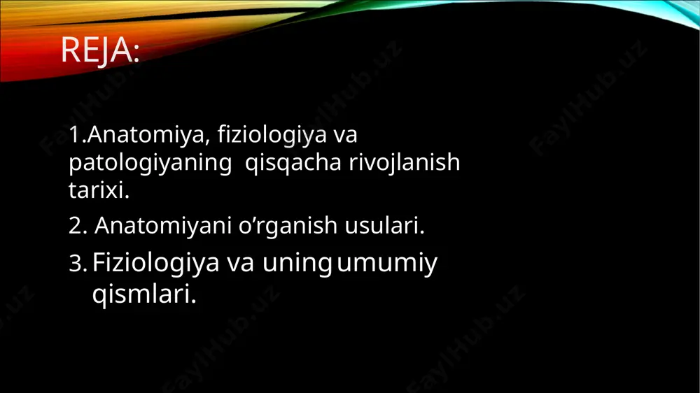 qo‘llanilib, undan a’zolarning chegaralarini aniqlashda foydalaniladi. auskultatsiya usuli – maxsus eshitish asboblari yordamida a’zolar (yurak, o‘pka)ning ishlab turgandagi tovushi eshitib ko‘riladi. bu usul a’zo larning normal yoki kasallik holatini aniqlashga yaxshi yordam beradi antropometriya usuli – bunda gavdaning uzunligi, kengligi va og‘irligi o‘lchanib, olingan ma’lumotlar organizmning ayrim bo‘- laklariga taqqoslanib, ularning oshishi yoki o‘zgarganligi kuzatib boriladi. rentgenoskopiya va rentgenografiya usullari – bunda rentgen nuri yordamida a’zo va to‘qimalarning holati ko‘riladi yoki tasvirga olib o‘rganiladi. korroziya yoki yemirish usuli – a’zolar tez qotadigan modda lar bilan to‘ldirilib, to‘qimasi kuchli kislota ta’sirida yemi riladi va a’zolarning shakli o‘rganiladi fiziologiya (yunoncha physis - tabiat va logos - fan, ta'limot so’zlaridan olingan) esa organizmni, a'zolar sistemasi va alohida a'zolarni, to’qimalar, xujayralarning hayotiy faoliyatini o’rganish bilan shug’ullanadi. fiziologiya bu xususiyatlarni ¢rganishda yoshga, jinsga va atrof-muhitning organizmga ta'siriga ham axamiyat beradi. shujihatdan ham anatomiya bilan fiziologiyafanlari o’zaro bog’langan bo’lib, biologiyaning ajralmas qismidir. biologiyada morfologiya fani (yunoncha …