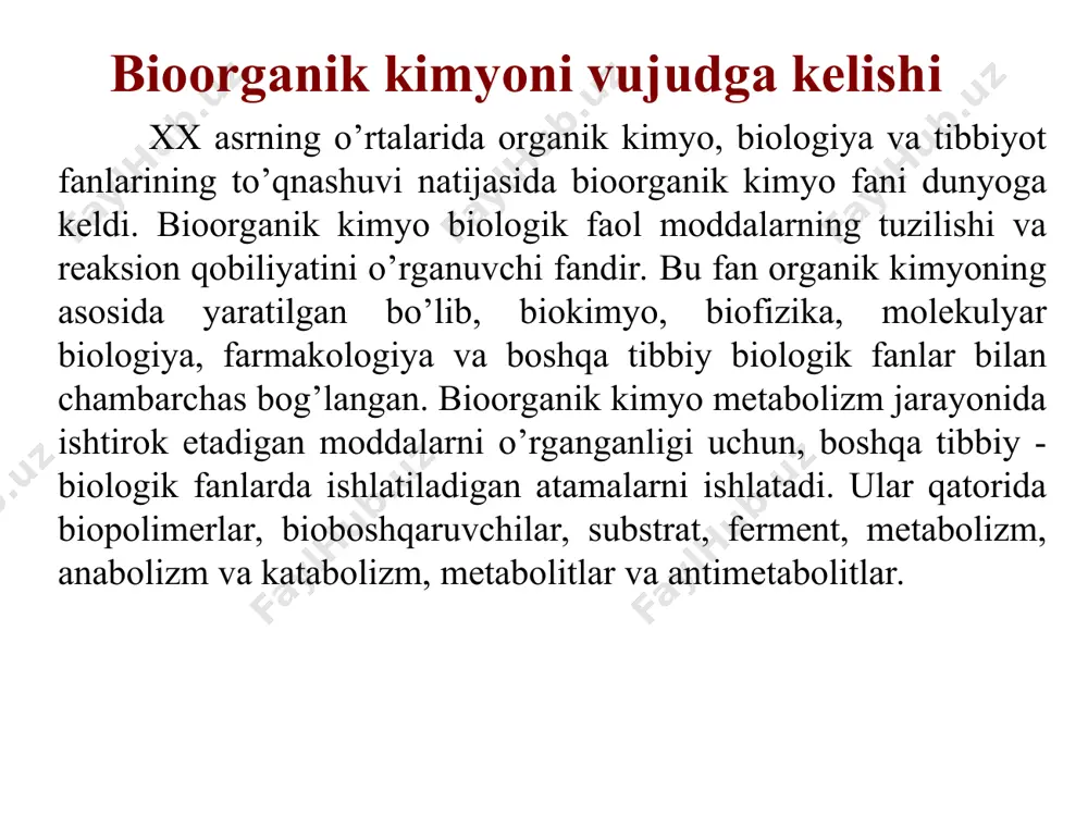 al analoglariga o‘xshash reaksiyalarga, ya’ni spirtlarga, aminlarga, karbonil birikmalarga, karbon kislotalarga hos reaksiyalar. va ikkinchi tarafdan guruxlarning o‘zaro ta’siri bo‘yicha – spetsifik reaksiyalarga kirishishadi. geterofunksional birikmalardagi reaksiya turlari: alohida funksional guruxlarining reaksiyalari: nukleofil o‘rin olish va birikish eliminlanish (dekarboksillanish) amfoterlik spetsifik reaksiyalari: xelat xosil qilish ichkimolekulyar xalqalanish molekulalararo xalqalanish aminospirtlar + носн2–сн–соон но-сн2сн2nh2 но-сн2–сн2–n(сн3)3 nh2 kolamin холин serin + + сн2 = сн – n(сн3)3 сн3соосн2сн2n(сн3)3 нейрин atsetilholin с6н5 сн3 сн-осн2сн2n с6н5 сн3 dimedrol -со2 -н2о in vivo: kateholaminlar sintezi fenilalanin tirozin noradrenalin adrenalin 3,4-digidroksifenilalanin dofamin gidroksilaza gidroksilaza doafamin -oksidaza dekarboksilaza n-metiltransferaza -gidroksi, -aminokarbon kislotalarning molekulalararo halqalanishi о со– –о с – о сн3–сн сн–с н3 сн3–сн сн–сн3 о– –о–с о – с о он н -gidroksipropan kislota laktid to -2 h2o h о со– –n с – nh сн3–сн сн–с н3 сн3–сн сн–сн3 n– –о–с hn – с h о он н н нo -aminopropan kislota diketopiperazin to -2 …