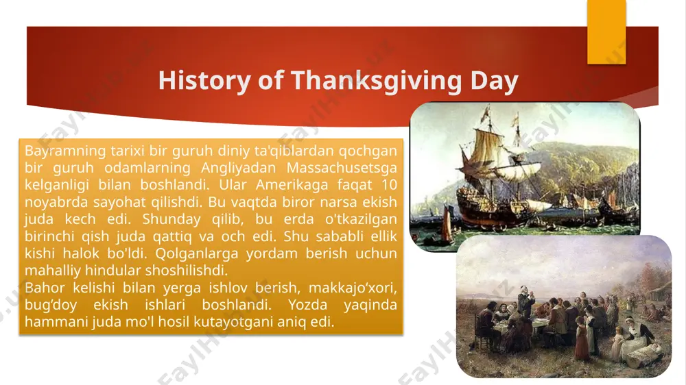 rahmat. barbadosda bunday bayram yozda, iyun oyida bo'lib o'tadi. bu mamlakatda ikki oy davomida hosil bayrami o‘tkaziladi. an'anaga ko'ra, "crop over" festivali shakarqamish yig'im-terimini yakunlash arafasida edi. bugun bu shunchaki minnatdorchilik kuni - barbadosliklar ona tabiatga hayot uchun rahmat. thanksgiving day in other countries. belarusiyada "dojinki" bayrami nishonlanadi. bugungi kunda "dojinki" o'tkaziladigan belarus shaharlari aholisi paradlarda xursandchilik bilan yig'ilib, hosil, baxtli bolalik va boshlari ustidagi musaffo osmon uchun rahmat. traditions of the holiday in america and england birinchidan, bu kuni barcha qarindoshlar bayram dasturxoniga yig'ilishadi. uy egalari kızılcık sousi va qovoqli pirog bilan qovurilgan to'ldirilgan kurka pishirishadi. ikkinchidan, bu kunda cherkovlarda bayram marosimlari o'tkaziladi. uchinchidan, odamlar nafaqat saxovatli hosil uchun, balki farovonlik va tinchlik, oilaviy baxt uchun ham xudoga shukr qiladilar. ushbu bayram uchun an'anaviy bezaklar ham mavjud bugun aqshda shukronalik kunida turli xayriya tadbirlari va aksiyalari ham o‘tkazilmoqda. deyarli har bir metro bekatida, masalan, uysizlar uchun pul, oziq-ovqat, narsalar …