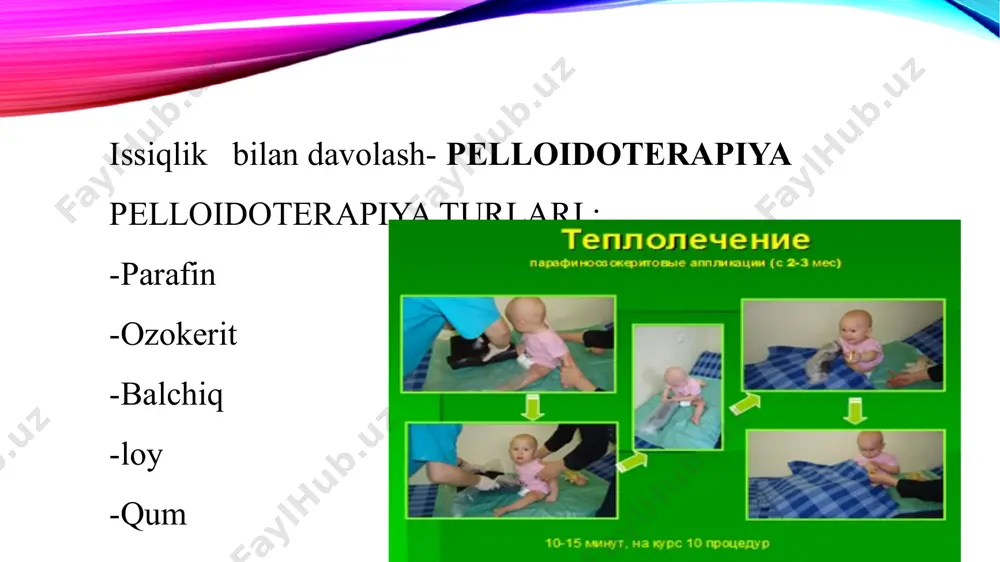 itlarning suyulish harorati taxminan 50—86 °c). 2.ozokerit ham parafin singari suv hammomlari yoki maxsus erektr isitgichlarda havo tortuvchi shkaf ichida isitiladi. 3.ozokeritni issiqlikni organizmga asta-sekinlik bilan o’tkazib borishiga asoslangan quyidagi usullari bor. -applikatsiya usulida oldindan tayyorlanib olingan 50— 55°c li ozokerit kulchalarini tananing zarur sohasiga qo’yib, kleyonka bilan yopiladi, uning ustidan adyol yoki ko’rpa bilan o’rab qo’yiladi -salfetka-applikatsiya usulida bir necha qavat 50—55 °c li ozokerit shimdirilgan salfetkani bemorning tegishli sohasiga qo’yib, ustidan bir necha qavat issiqroq (60—65 °c) ozokeritli salfetkalar qo’yiladi, uning ustidan kleyonka va adyol yopiladi. -qatlam hosil qilish usulida organizmning tegishli sohasiga bo’yoq cho’tkasi bilan 55 °c li suyultirilgan ozokerit qavatma-qavat surtiladi, so’ng ustidan issiqroq (70—80 °c li) ozokerit surtilib, kleyonka va adyol bilan o’rab qo’yiladi. -mahalliy ozokerit vannalarida awal qo'1 yoki oyoqqa bir necha qavat qilib cho’tka bilan ozokerit surtiladi, so’ng 55—60 °c li ozokerit quyilgan xaltaga qo'l va oyoq solinadi. 4.ozokerit muolajasidan keyin badan yuvilmaydi. …