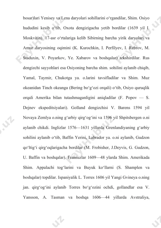 xitoyda bunday kashfiyotlar ancha ilgari boshlangan. miloddan avvalgi 128 yil xitoylik chjan syan sharqiy tyanshan etaklari boʻylab borib, markaziy tyanshan dovonlaridan oshib, fargʻona vodiysining koson shahriga kelgan, soʻngra qizilqumdan oʻtib, balxga yetib borgan. qaytishda pomir, singin togʻlaridan oʻtib, 126 yilda vataniga qaytib kelgan (15 ming km yoʻl bosgan). xitoy sayyohi syuan szan 7-asrda 16 yil (629—645) davomida chjan syan yoʻlidan yurib, balx shahrigacha borgan, soʻng hindukush togʻlaridan oshib, haybar darasidan oʻtib, hind vodiysiga chiqqan va panjobni oʻrgangan, panjobdan bengaliyagacha boʻlgan yerlarni kezgan, soʻngra amudaryo boʻyiga qaytib, pomir va qashqar orqali vataniga qaytgan. 689 yil xitoylik i. szin dengiz boʻylab sayohatga chiqqan. sumatra o.ga borgan, soʻng gang mansabiga yetib kelib, 695 yil vataniga qaytgan va koʻrganlarini batafsil yozib qoldirgan. 9—10-asrlarda arablar eron, hindiston, shri lanka, turkiston, oʻrta osiyoning buyuk togʻlari, shim. va jan. xitoy, hindixitoy, indoneziya o.lari, afrika, madagaskar o. haqida yetarli maʼlumotga ega boʻlishgan. faqat yevrosiyoning shim. ularga uncha aniq …