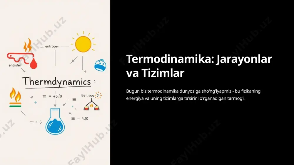 onduksiya ikki jism o'rtasida to'g'ridan-to'g'ri aloqa orqali issiqlik uzatilishi. masalan, qoshiqni issiq choyga qo'yganimizda. 3 radiatsiya elektromagnit to'lqinlar orqali issiqlik uzatilishi. masalan, quyoshdan erga issiqlik tarqalishi. 7 termik jarayonlar yangi holat tizimning holati o'zgarganda, masalan, suv muzga aylanishi. zararlanish tizimga tashqi kuch ta'sir etganda yuzaga keladi, masalan, gazning kengayishi. ortib borish tizimning energiyasi oshganda yuzaga keladi, masalan, suvning qaynatilishi. 8 termodinamik qonunlari 1 nol qonun harorat muvozanati. 2 birinchi qonun energiya saqlanish qonuni. 3 ikkinchi qonun entropiya oshishi. 4 uchinchi qonun mutlaq nolga yaqinlashganda entropiya nolga tenglashadi. 9 entropiya tushunchasi 1 tartibsizlik tizimdagi tartibsizlik darajasi. 2 o'zgarmaslik yopiq tizimlarda entropiya doimo oshadi. 3 o'zgarish ochik tizimlarda entropiya oshishi mumkin, lekin uni kamaytirish uchun tashqi kuch kerak. 10 termodinamika: energiya va uning o'zgarishi ushbu taqdimotda biz energiya saqlanish qonuni va uni turli tizimlarda qo'llashning asosiy jihatlarini o'rganamiz. 11 termodinamika va uning asosiy tushunchalari termodinamika termodinamika issiqlik, harakat va energiya o'rtasidagi o'zaro …