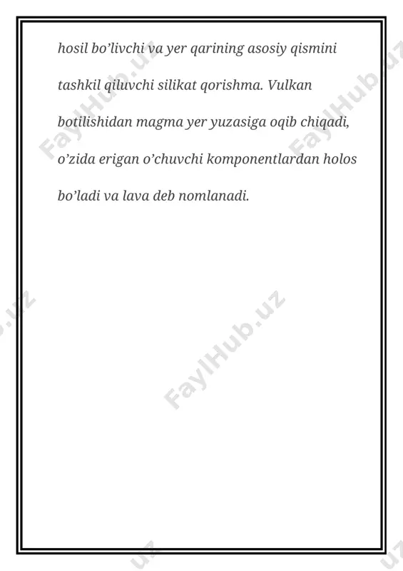 granit, granodiorit, liparit va hokazo). 2. o’rta jinslar sio2 miqdori 53-64% (siyenit, diorit, trahit va hokazo). 3. asosli jinslar sio2 miqdori 44-53% (gabbro, bazalt, diabaz va hokazo). intruziv tog’ jinslari yer qobig’i orasida hosil bo’lib, keyingi tog’ hosil qiluvchi jarayonlar va chuqur nurashlar natijasida yer yuzasiga chiqib ochilib qoladi. nurash jarayonlarining bunday jinslarga kuchli ta'sir etishi ularning yotish shaklini yoki o’rnini aniqlashga imkon bermaydi. intruziv jinslar yerning ichki qismida qatlamlar orasida turli shakllarni hosil qilishga qarab batolit, shtok, qatlamli, tomir, lakkolit, lopolit, fakolit, dayka kabi turlarga ajratiladi. tog’ jinslarining hossalari ularning ichki tuzilishi va yer po’stida joylashishiga bog’liq. shuning uchun ham ularning struktkra va teksturasini bilish katta ahamiyatga ega. tog’ jinslarining strukturasi deb, ularning ichki tuzilishi, jins tashkil etuvchi mineral zarralarning katta-kichikligi, shakli, miqdoriy nisbati va bu zarralarning bir-biri bilan o’zaro aloqada bo’lishiga aytiladi. tog’ jinslarining teksturasi deb, ularni tashkil etuvchi minera zarrachalarining jinsda fazoviy joylashishi va jinslarning yahlitlik darajasiga …