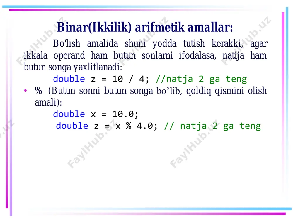 azryadli (bitli) amallar bu erda yana bitli amallar bajariladi. agar har ikkala sonning joriy biti (razryadi) har xil bo'lsa, 1 qaytariladi, aks holda 0 qaytariladi, shuning uchun ham 9^5 ifodaning qiymati 12 soniga teng bo’ladi. va shifrlanlan sonni qayta ochish (dekodlash) uchun xuddi shu amalni natijaga qo'llaymiz. • ~ (mantiqiy inkor yoki inversiya) bitlarni teskari o'zgartiradigan yana bir boshqa razryadli (bitli) amal: agar bit qiymati 1 bo'lsa, u 0 ga aylanadi, va aksincha. int x = 12; // 00001100 console.writeline(~x); // 11110011 yoki -13 manfiy sonlarni tasvirlash c# da manfiy sonlarni yozish uchun qo'shimcha kod (two’s complement) ishlatiladi, unda eng katta razryad (bit) ishorani ifodalaydi. agar uning qiymati 0 bo'lsa, u holda son musbat bo'ladi va uning ikkilik ko’rinishi ishorasiz sonning ko’rinishidan farq qilmaydi. masalan, 0000 0001 son o’nlik ko’rinishida 1 ga teng. agar eng katta razryad (bit) (chapdan birinchi razryad) 1 bo'lsa, son manfiydir. masalan, 1111 1111 o’nlikda -1 …