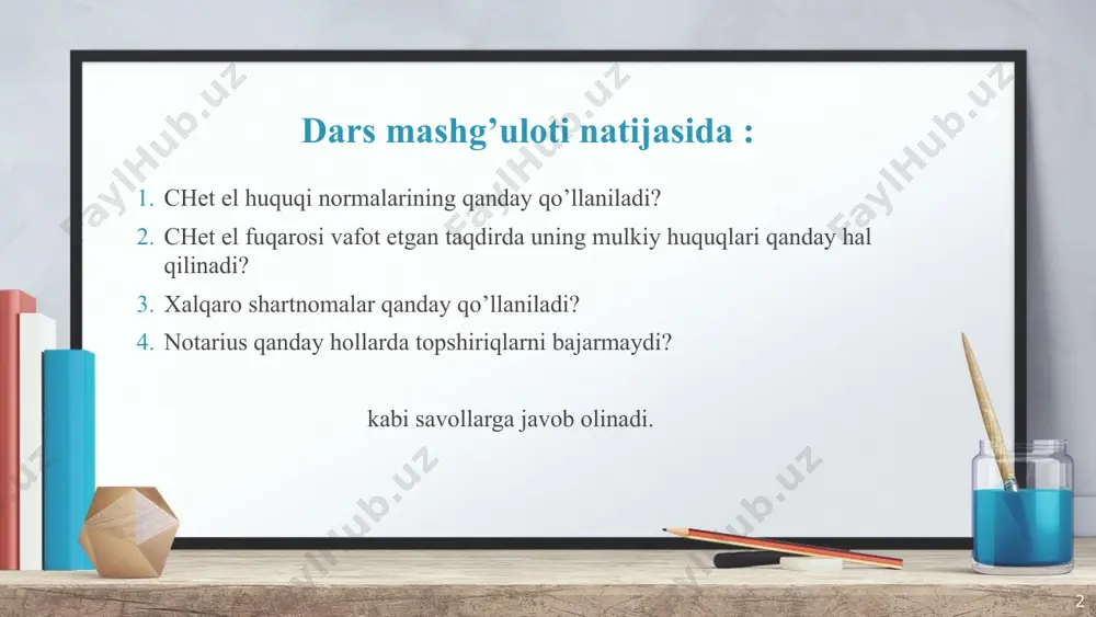 tini belgilaydi, merosxo’rlar doirasini aniqlaydi, vasiyatnoma bor yoki yo’qligini tekshiradi, vafot etgan fuqaro davlatining diplomatik yoki konsullik vakolatxonasiga bu haqda zudlik bilan xabar qiladi. 4 agar o’zbekiston respublikasining xalqaro shartnomasida mulk to’g’risida ish yuritish vafot etgan shaxs fuqarosi bo’lgan chet el davlati muassasalarining vazifasiga kiritilgan bo’lsa, meros qilib qoldirilgan ko’char mol-mulkni notariuslar ana shu davlatning diplomatik yoki konsullik vakolatxonalarining talablariga muvofiq ularga topshirishlari mumkin (yo’riqnomaning 366-bandi). 5 o’zbekiston respublikasining xalqaro shartnomalariga muvofiq chet el davlati qonunida ko’zda tutilgan shakl bo’yicha tuzilgan vasiyatnoma vasiyat qiluvchi vafot etgandan keyin uni ochish va ehlon qilish uchun davlat notarial idorasiga taqdim etilgan taqdirda notarius vasiyatnomaning mazmunini ehlon qiladi, vasiyatnomaning holati va mazmuni to’g’risida bayonnoma tuzadi. bayonnomada vasiyatnoma tuzilgan kun, taqdim etayotgan shaxsning familiyasi, ismi, otasining ismi, uning muhrlangan yoki ochiq holda taqdim etilganligi, unda o’chirilgan joylar, tuzatishlar yoki boshqa kamchiliklar bo’lganligi yoki yo’qligi ko’rsatib o’tiladi. bayonnoma notarius va vasiyatnomani taqdim etgan shaxs tomonidan imzolanadi. …