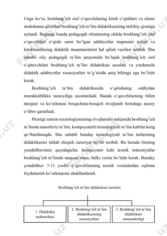 . bunday yondashuv 7-11 yoshli o’quvchilarning texnik vositalardan oqilona foydalanish ko’nikmasini shakllantiradi. boshlang’ich ta’lim didaktikasi asoslari 3. boshlang’ich ta’lim didaktikasi samaradorligi 2. boshlang’ich ta’lim didaktikasining xususiyatlari 1. didaktika tushunchasi o’quv jarayonini tashkil qilish bilim olamiga olib kirish o`qitish professional o’qituvchilar bilan ta’minlash o`qitish ta’lim berish o`qish o`zlashtirish davlat ta’lim standartini bajarish boshlang’ich ta’limda o’qitish nazariyasi va amaliyoti shunday qilib hozirgi zamon “boshlang’ich ta’lim didaktikasi” mazmuni o’ziga xos xususiyatlarga egaligi bilan pedagogik fanlar tarkibida muhim o’rin tutadi mustaqil ta’lim uchun savollar: 1. didaktika tushunchasi deganda nimani tushunasiz? 2. boshlang’ich ta’lim didaktikasining xususiyatlari nimalardan iborat? 3. boshlang’ich ta’lim didaktikasi samaradorligiga qanday erishiladi? 4. boshlang’ich ta’lim didaktikasining o’ziga xos xususiyatlarini bilasizmi? topshiriq: pedagogik amaliyot topshiriq: mashhur pedagog mark fabiy kvintilianning (e.a. 35 – e. 95) quyidagi fikrlarini yon daftaringizga yozib oling. “farzand tug’ilgach, ota-onaning asosiy vazifasi umid bo’lib qoladi. chunki har bir ota-ona o’zining farzandini o’qimishli bo’lishini istaydi... shu jihatdan ota-onalarning asosiy vazifasi …