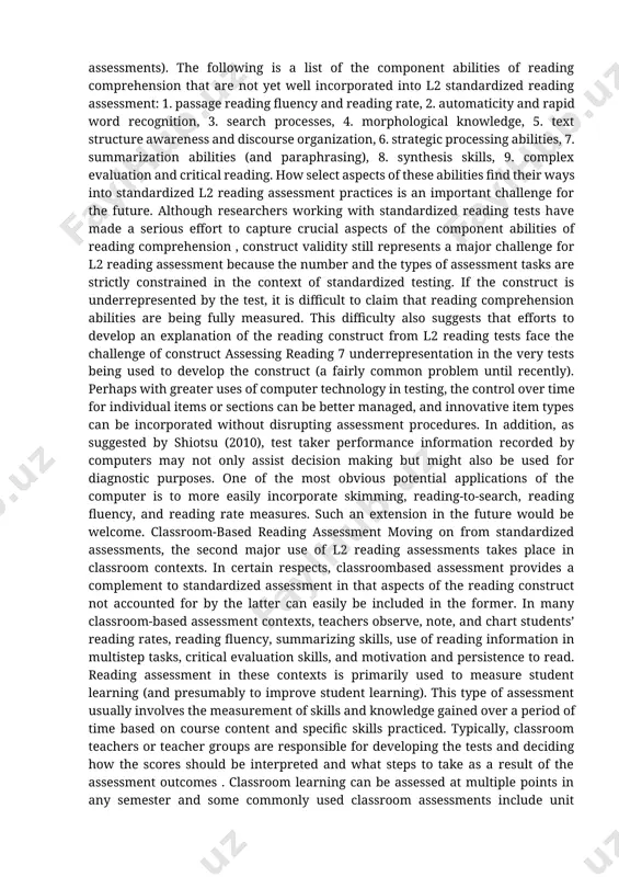 of reading to learn or reading to evaluate. at the same time, a number of component reading abilities are obviously absent, reflecting the limitations of international standardized reading assessment imposed by cost, time, reliability demands, and fairness across many country settings. (standardized english l1 reading assessment practices are far more complex.) these limited operationalizations of l2 reading abilities are noted by alderson, weir and milanovic , grabe , and khalifa and weir . among the abilities that the new ibt toefl did not pursue are word recognition efficiency, reading to scan for information, summarizing, and reading to integrate information from multiple texts. khalifa and weir (2009) note that the cambridge suite did not pursue reading to scan, reading to skim, or reading rate (fluency). all three come under the umbrella term “expeditious reading” and, for their analysis, this gap represents a limitation in the way the reading construct has been …