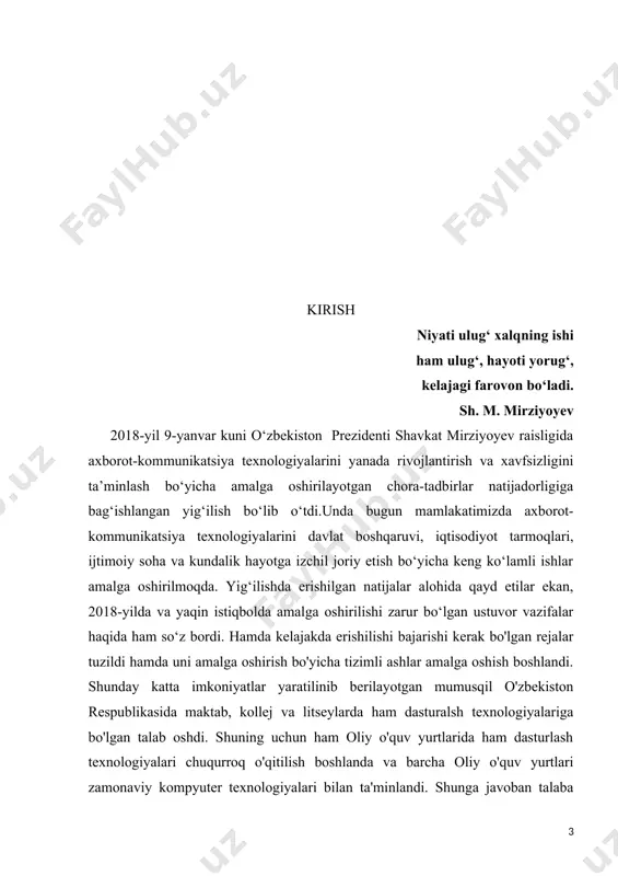 aqqol misol sifatida c# dasturlash tiladagi massivlarni aytish mumkin. bu dasturlash tilida ham bir xil tipga tegishli turli xil ma'lumotlardan foydalanishda massivlardan foydalaniladi. ular bir o'lchovli massivlar, ko'p o'lchovli massivlar, pog'onali massivlarga bo'linadi. bu kurs ishimizda ko'p o'lchovli va pog'onali massivlar haqida ma'lumot olamiz. kurs ishi mavzusining dolzarbligi. bugungi kunda daturlash tillarining yangidan yangi turlari, yangi variantlari chiqyabdi. har bir yangi variantida turli xil imkoniyatlar ortib bormoqda. c++ va boshqa dasturlash tillari qatori c#da ham yangidan yangi imkoniyatlar yaratilmoqda bu esa dastur tuzish paytida yuzaga keladigan muammolar yuzaga kelishini oldina olish, qulayliklar yaratish, foydalanuvchiga qulay bo'lgan interfeyslar yaratish hamda emg asosiysi unda yaratilgan dastur imkoniyatlarini ko'paytirishdan iborat. bunga shu dasturlash tilidagi bor o'lchovli, ko'p o'lchovli hamda pog'onali massivlarni misol qilib keltiradigan bo'lsak. u dastur yartish va undan foydalanish imkoniyatlarini oshiradi hamda juda katta qulaylik yaratadi. bu esa talabalarga yangi dastur tuzish hamda undan foydalanish uchun qator qulayliklar yaratadi. bu kurs …