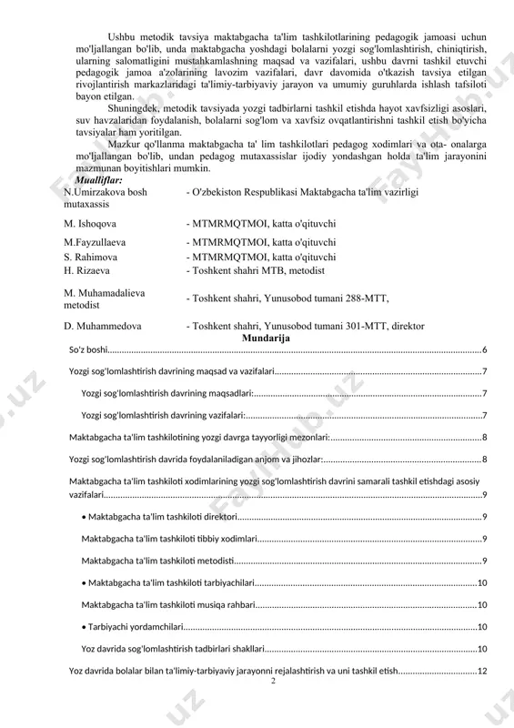 samarali tashkil 9 etishdagi asosiy vazifalari yoz davrida sog'lomlashtirish tadbirlari shakllari 13 y oz davrida bolalar bilan ta'limiy-tarbiyaviy j arayonni rej alashtirish va 17 uni tashkil etish ilovalar: 1- ilova. maktabgacha ta'lim tashkilotining yozgi sog'lomlashtirish davri 20 uchun ish rejasi (namuna) 2- ilova. maktabgacha ta'lim tashkilotida yozgi sog' lomlashtirish 23 davrining taxminiy kun tartibi 3- ilova. yozgi sog'lomlashtirish davrida chiniqtirish tadbirlari 24 4- ilova. yoz davrining muhim sanalari 25 5- ilova. yoz davrida bolalarni sog'lomlashtirishning shakl va metodlari 26 6- ilova. yozgi sog'lomlashtirish davrining mavzuviy reja namunasi 28 7- ilova. yozgi sog'lomlashtirish davrida ta'lim jarayonini mavzuli 29 rejalashtirish 8- ilova. yozgi sog'lomlashtirish ayvonchalari, o'yin maydonchalari, sport 236 maydonchalarining namunalari 9- ilova. tarbiyachining yozgi sog'lomlashtirish davri uchun shaxsiy ish 230 rejasi (ish jurnali) so'z boshi o'zbekiston respublikasi prezidentining “o'zbekiston respublikasini yanada rivojlantirish bo'yicha harakatlar strategiyasi to'g'risida”gi farmoni, bilan birga tasdiqlangan 2017-2021 yillarda o'zbekiston respublikasini rivojlantirishnmg beshta ustuvor yo'nalishi bo'yicha harakatlar strategiyasida …