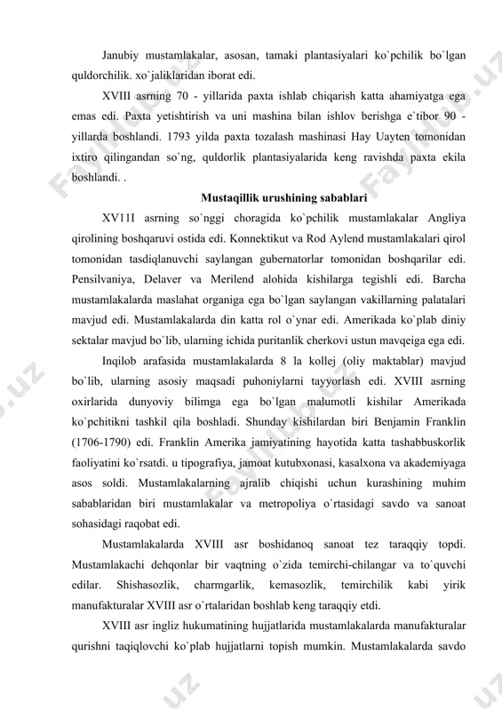 un kurashining muhim sabablaridan biri mustamlakalar va metropoliya o`rtasidagi savdo va sanoat sohasidagi raqobat edi. mustamlakalarda xviii asr boshidanoq sanoat tez taraqqiy topdi. mustamlakachi dehqonlar bir vaqtning o`zida temirchi-chilangar va to`quvchi edilar. shishasozlik, charmgarlik, kemasozlik, temirchilik kabi yirik manufakturalar xviii asr o`rtalaridan boshlab keng taraqqiy etdi. xviii asr ingliz hukumatining hujjatlarida mustamlakalarda manufakturalar qurishni taqiqlovchi ko`plab hujjatlarni topish mumkin. mustamlakalarda savdo cheklab qo`yildi yoki umuman taqiqlandi. navigasion aktlar mustamlakalarni angliyadan tashqari har qanday davlat bilan savdo va sanoatini bo`g`ib qo`yishga qaratilgan edi. metropoliyaning g`arbiy hududlarga aholining ko`chib kelishmi taqiqlash siyosati janubiy quldor plantatorlarning manfaatiga jiddiy salbiv ta`sir ko`rsatdi. chunki virtqich plantatsion xo`jalikka yangi-yangi unumdor hududlar zarur edi. 1763 yilgi aktdan keyin birginiya aholosi amerika mustamlakalaridagi xalqlarni ingliz qiroli o`zining fuqarolari deb sanashga haqli emasligi to`g`risidagi shiorlar bilan chiqdi. 1765 yil ingliz hukumati "gerb solig`i to`g`risida" qonun e`lon qildi. mustamlakadagi barcha savdo va sanoat korxonalarida bu soliq joriy qilindi. hisob-kitoblar. shartnomalar, …