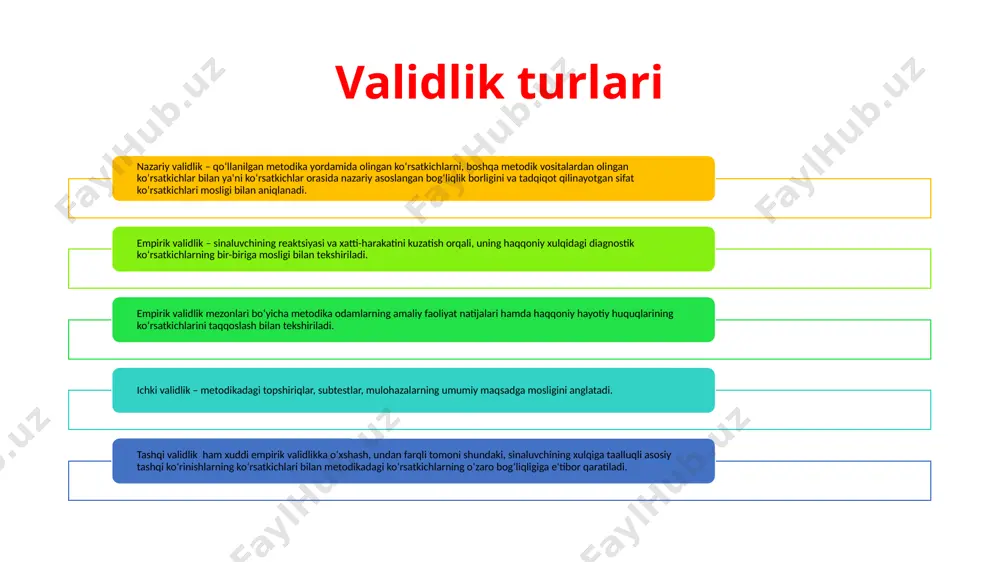 tatistik xatolik bilan mos kelishini bildiradi. har qanday tadqiqotda to’plam reprezentativligini ta`minlash uchun ma`lum sharoitlarga amal qilish kerak. ulardan asosiylari quyidagilar: a) bosh to’plamning har bir birligi to’plamga tushish ehtimoli bo’lishi zarur; b) o’zgaruvchi to’plam o’rganilayotgan belgiga bog`liq bo’lmagan ravishda tanlanadi; v) tanlov bir xil to’plamlardan amalga oshiriladi; g) tanlovda birliklar soni ko’p bo’lishi lozim. keng ma`noda reprezentativlik metodikaning validligi bilan bog`liq. reprezentativlik bosh to’plamga mos standartlashtirish tanlanma to`plam verifikatsiya talabi shuni anglatadiki, ilmiylik statusiga talabgor har qanday ilmiy tushuncha, fanga kiritilayotgan yangiliklar, albatta, haqiqiy ma'nosiga ega ekanligini aniqlash maqsadida tekshiruvdan o‘tkazilishi shart. «verifikatsiya» so‘zi «tekshirish» ma'nosini anglatadi. bu har qanday tushuncha bo‘shliqdan paydo bo‘lmaganligini, haqiqatdan ham mavjudligini isbotlashda, unga mos psixodiagnostik muolajalar yordamida amalga oshiriladi. masalan, biz fanga «motiv» tushunchasini kiritmoqchimiz, u holda birinchi navbatda ushbu tushunchaga oid bizga ma'lum tushunchalar va ushbu tushuncha ma'nosiga oid diagnostik belgi, ko‘rinishlarni aniq tavsiflab bera olishimiz kerak. «motiv» tushunchasini quyidagicha ta'riflab ko‘raylik. …